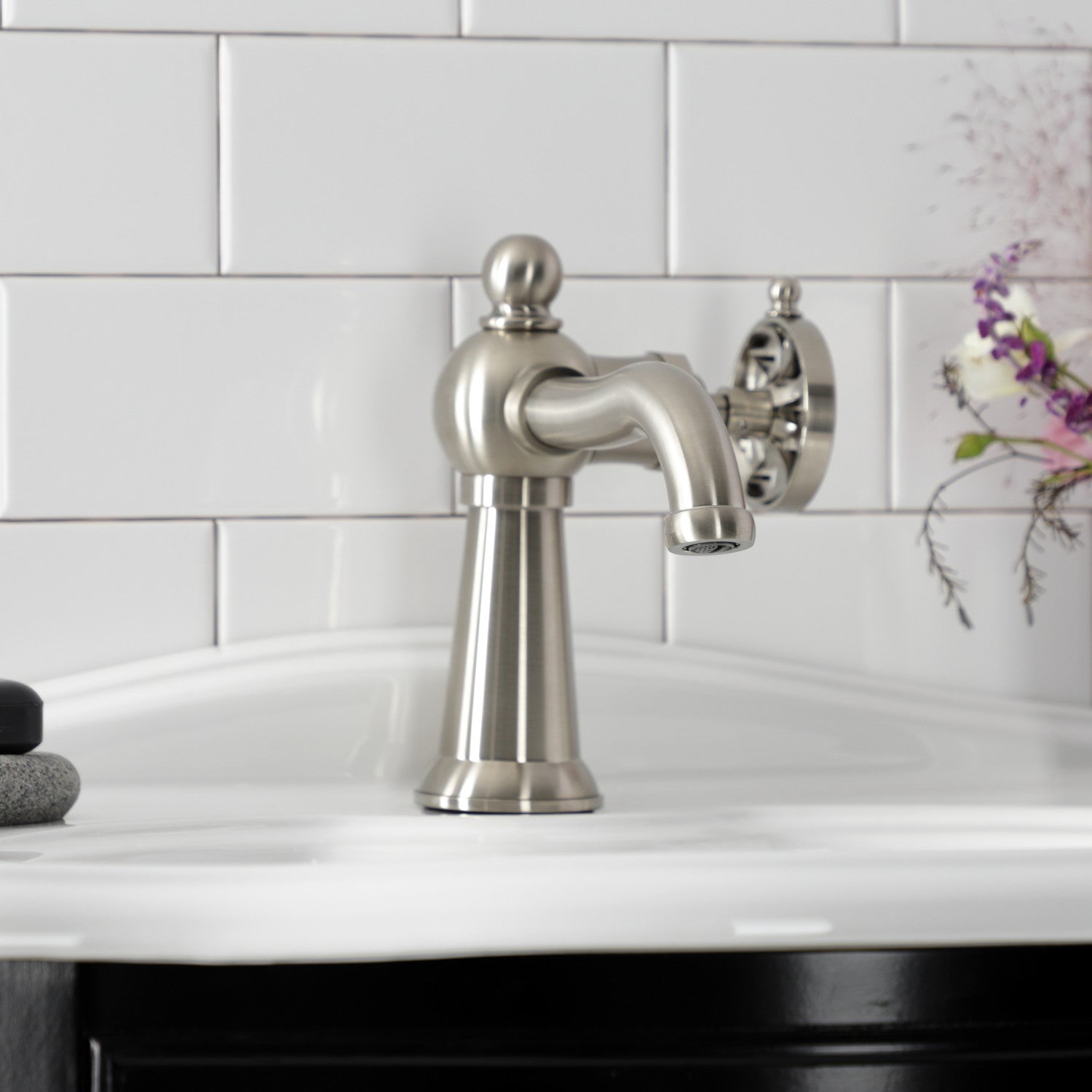 Belknap KS3548RX Single Handle 1-Hole Bathroom Sink Faucet with Push Pop-Up Drain, Brushed Nickel Finish - Perfect for Modern Vanities and Small Bathroom Spaces