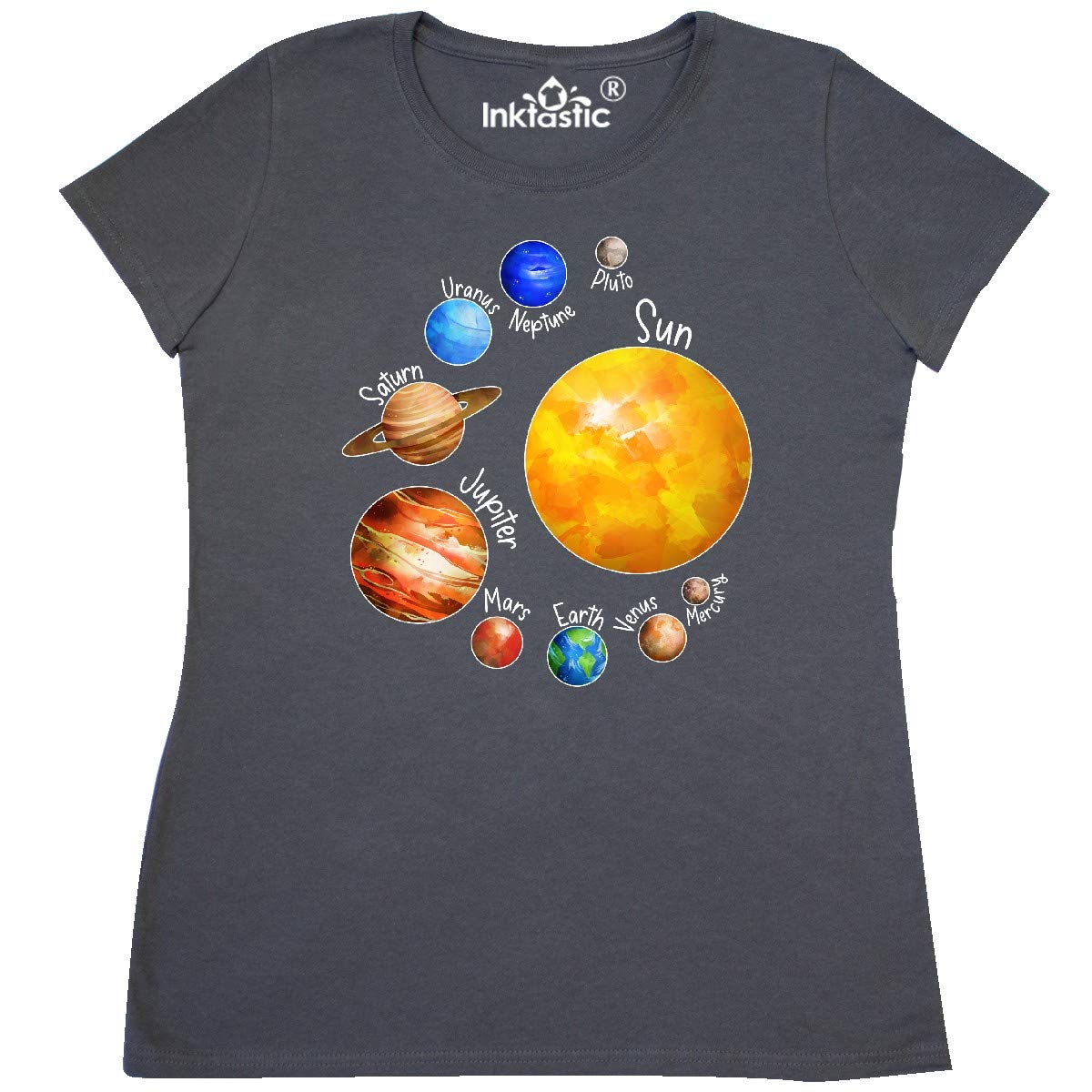 Inktastic Sun and Planets - Yes, and Pluto Women's T-Shirt | Space Lover Graphic Tee | Astronomy Gift for Women | Casual Wear & Space-Themed Outfits