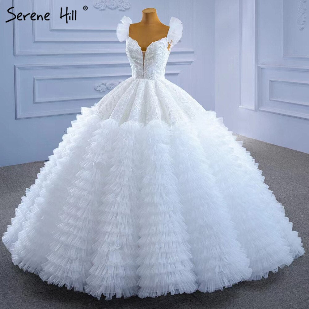 Serene Hill White Ruffles Lace Wedding Dresses 2025 | High-End Sexy Sleeveless Bride Gowns HM67313 | Custom Made Bridal Gown for Beach, Church & Garden Weddings