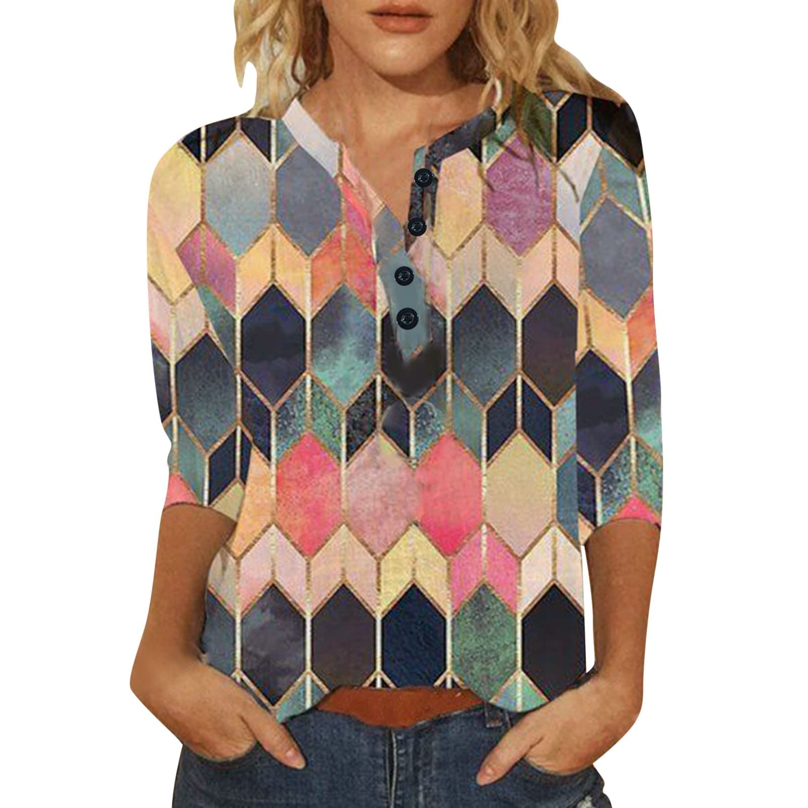 Women's Loose Fit Short Sleeve Printed Tee Shirt - Trendy Casual Button Neck Tops for Everyday Wear | Perfect for Summer Outfits, Weekend Errands & Layering