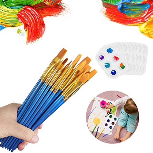 10-Piece Paint Brush Set with 10 Paint Palette Trays - Professional & Kids Art Supplies for Watercolor, Acrylic, Oil Painting - Perfect for Artists, Students, Classroom & DIY Craft Projects