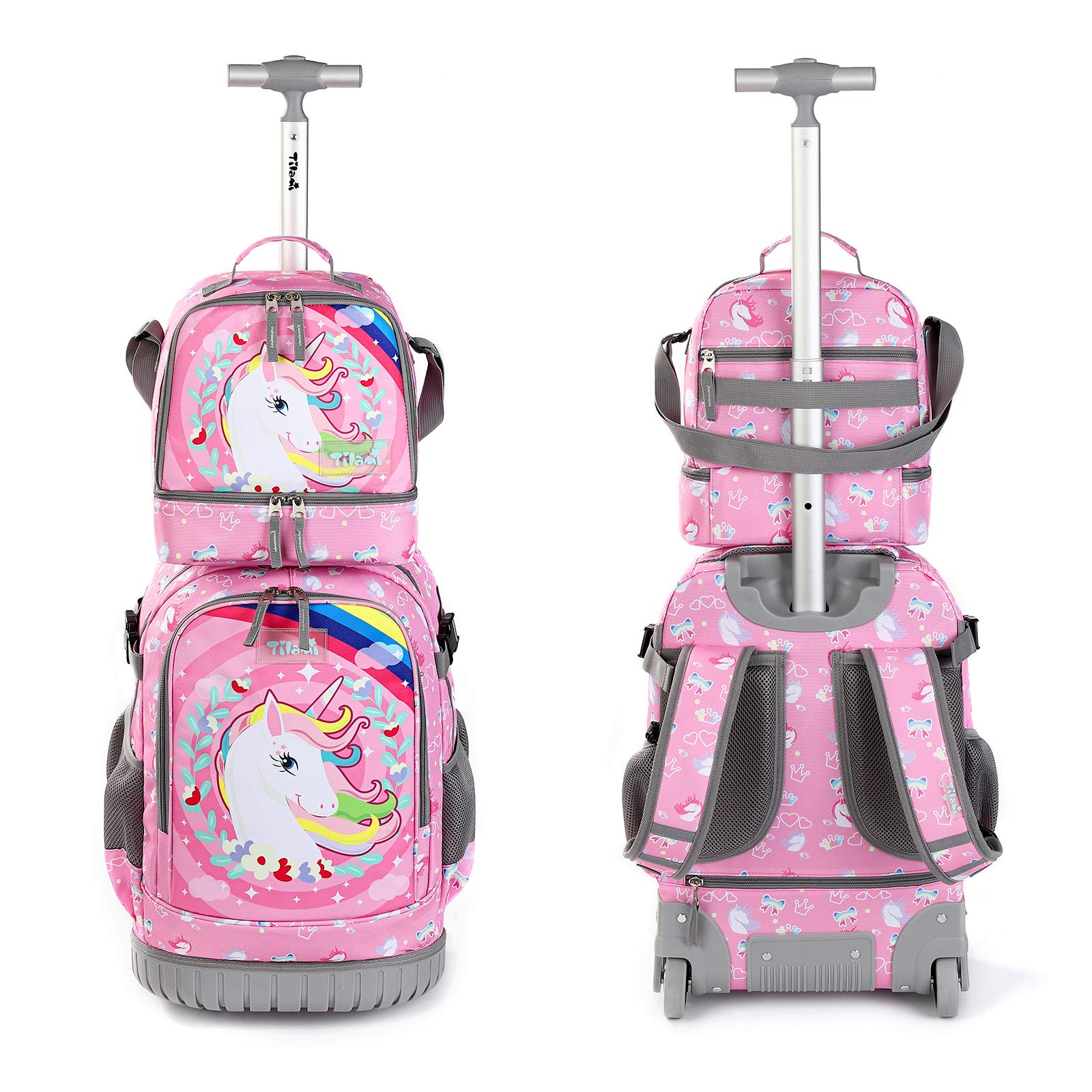 Tilami 19 Inch Rolling Backpack with Lunch Bag - Wheeled Laptop Backpack for School & Travel (Unicorn Pink) - Perfect for Students, Commuters & Business Professionals
