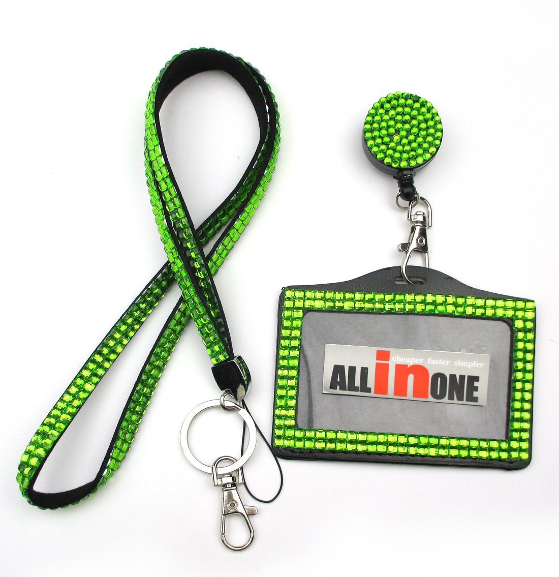 Stylish Rhinestone Lanyard with Bling Crystal Necklace, Badge Reel & Horizontal Card Holder - All-in-One Business ID/Key Holder (Green) | Perfect for Office, Events, Conferences & Work Security