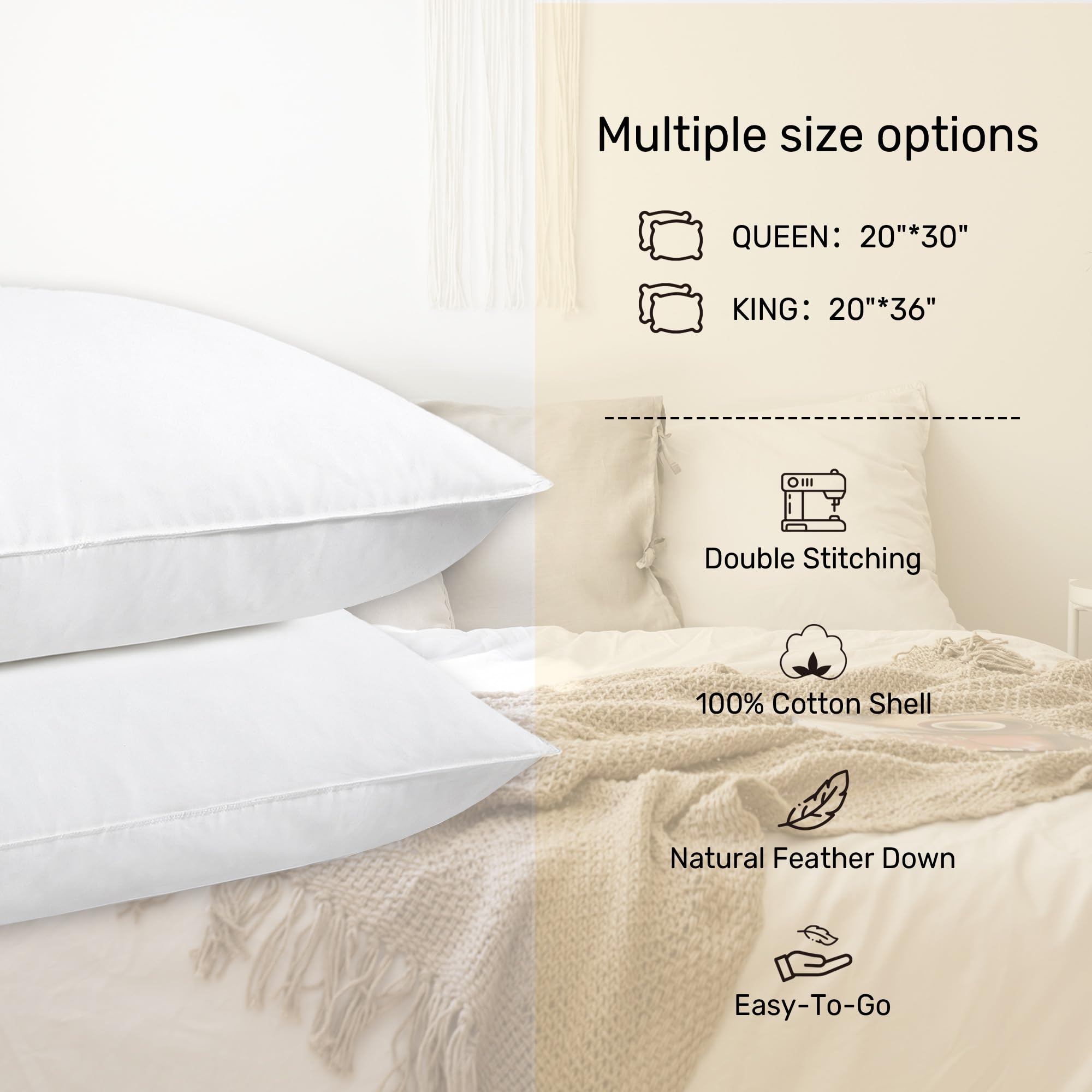 Premium White Goose Down Pillows - Hotel Quality Standard/Queen Size Set of 2 with 100% Cotton Cover | Ultra Soft for Side, Back & Stomach Sleepers | Perfect for Bedroom, Guest Room & Luxury Hotels