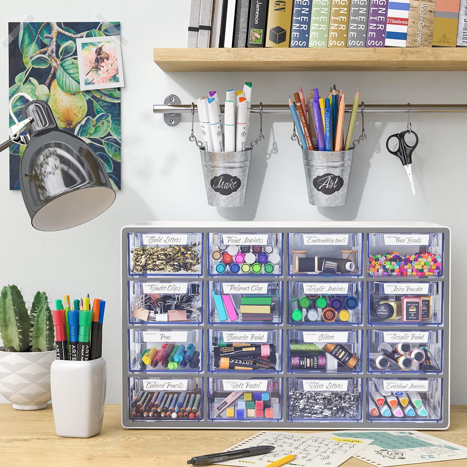 Arteza 16-Drawer Plastic Storage Cabinet - 17.7 x 8.2 x 10.9 Inches, White | Multi-Compartment Organizer with Stopper Drawers | Perfect for Makeup, Art Supplies, Jewelry & Craft Storage | Home, Office & Beauty Salon Organization Solution