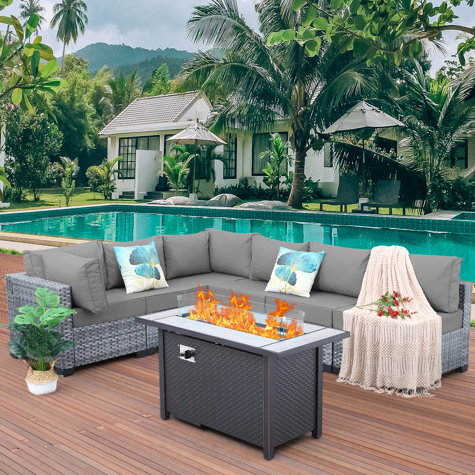 7-Piece Wicker Patio Furniture Set - PE Rattan Outdoor Sectional Sofa with Fire Pit Table, Non-Slip Cushions & Cover (Light Grey) - Perfect for Backyard, Garden, Poolside & Outdoor Entertaining