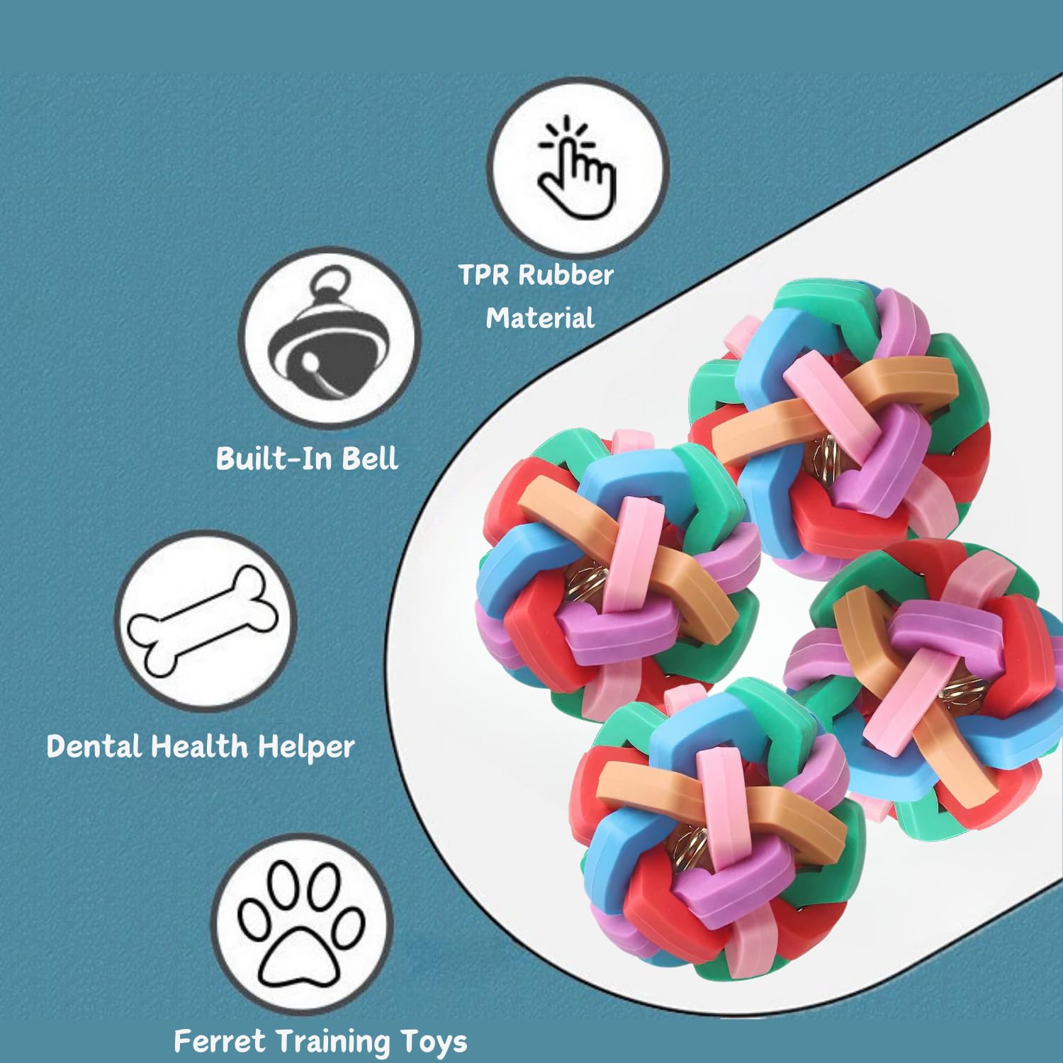 4 Pack Ferret Toys - Colorful Bouncy Rubber Balls with Built-in Bell, Interactive Sound Toys for Ferrets, Cats & Dogs - Teeth Grinding, Exercise & Play - Perfect for Indoor Pets & Playtime Fun