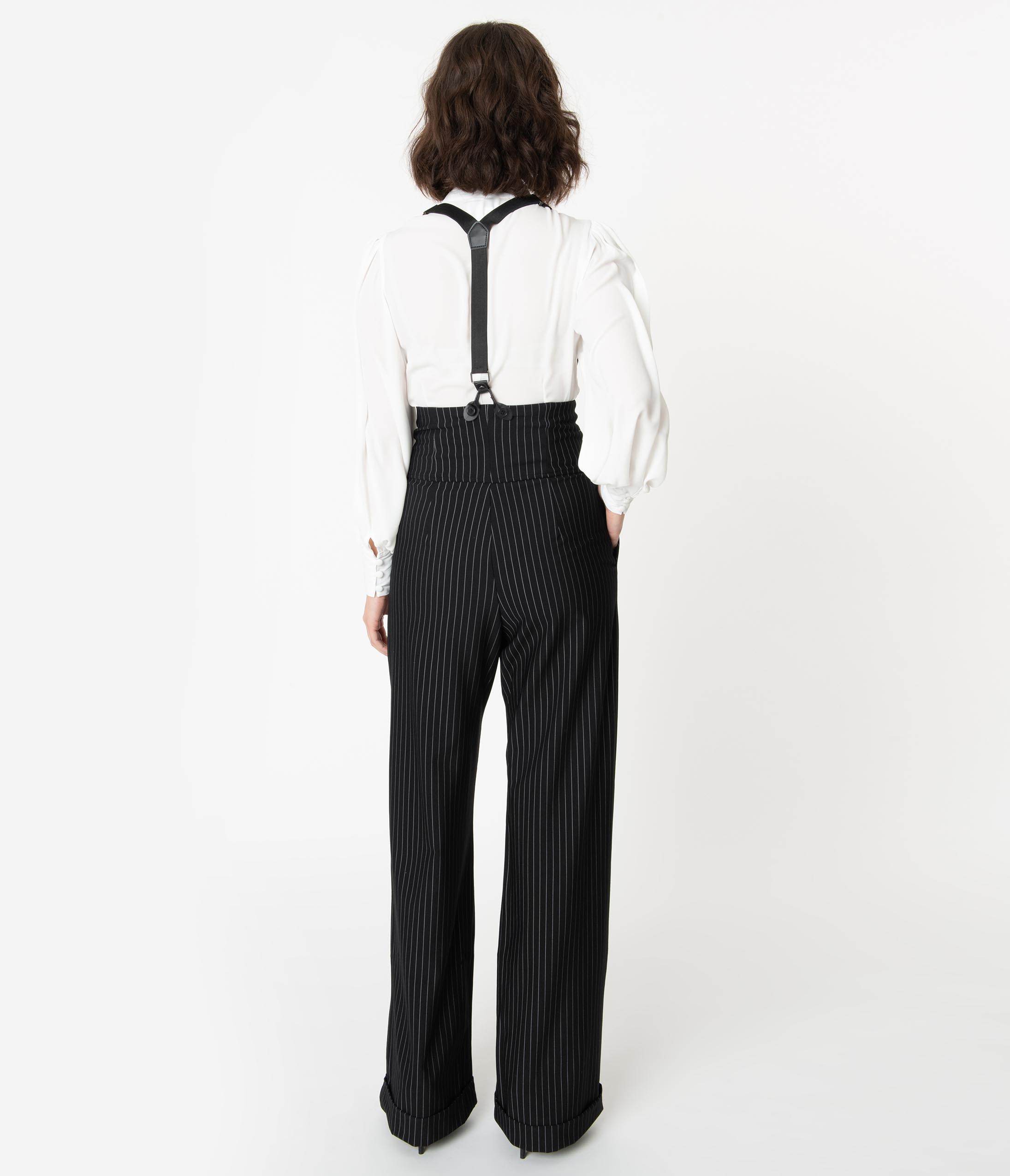 Vintage 1930s Black & White Pin Stripe Thelma High-Waisted Suspender Pants for Women - Retro Fashion, Flapper Style, Great for Gatsby Parties & Themed Events