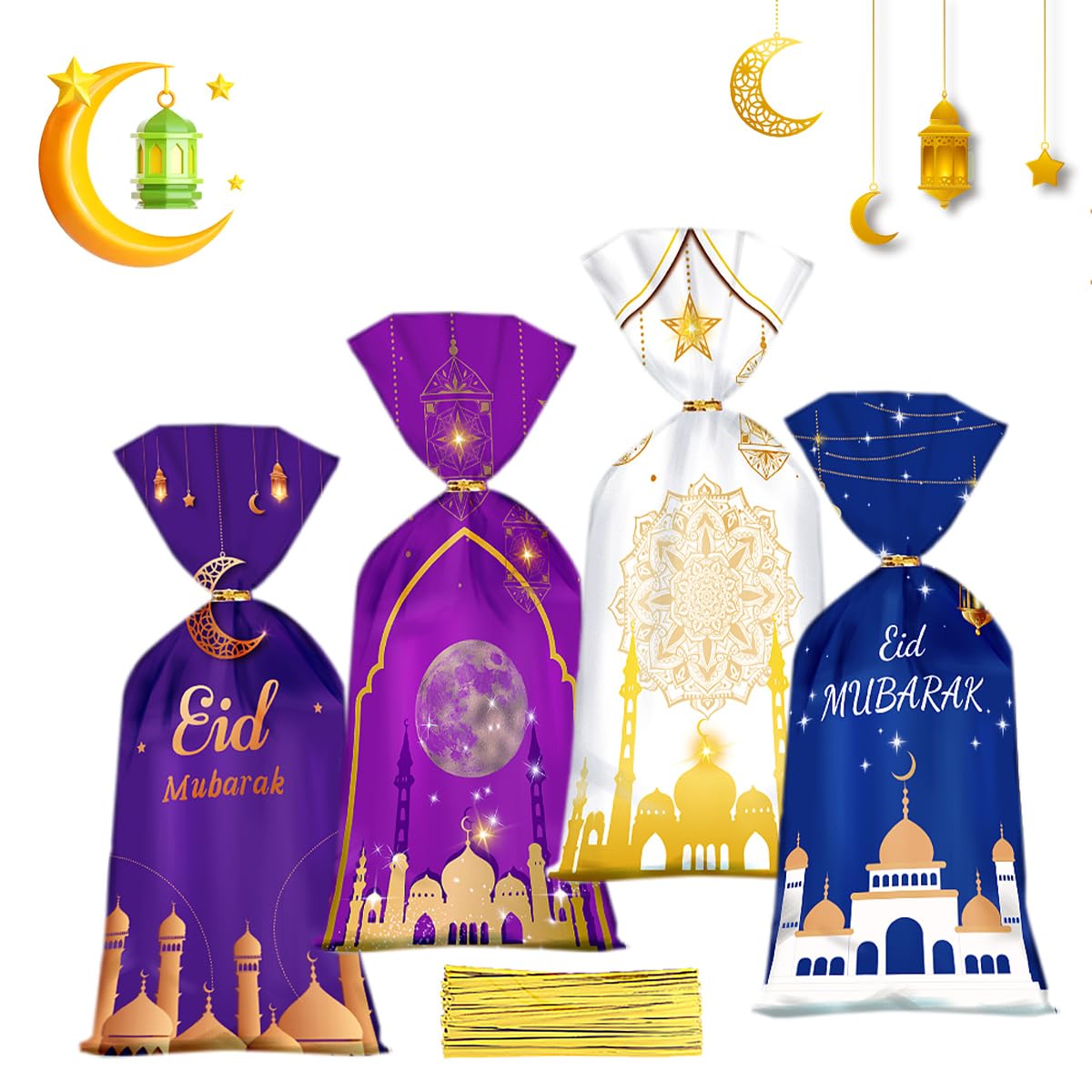 Artby7 Ramadan Cellophane Treat Bags - Eid Moon Cookie Candy Goodie Bags with Twist Ties - Perfect for Eid Mubarak Party Supplies & Holiday Celebrations