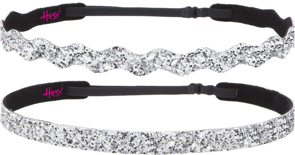 Sparkly Bling Adjustable No-Slip Headbands for Women, Girls & Teens - 2 Pack Mixed Silver Glitter - Perfect for Sports, Workouts, School & Everyday Fashion