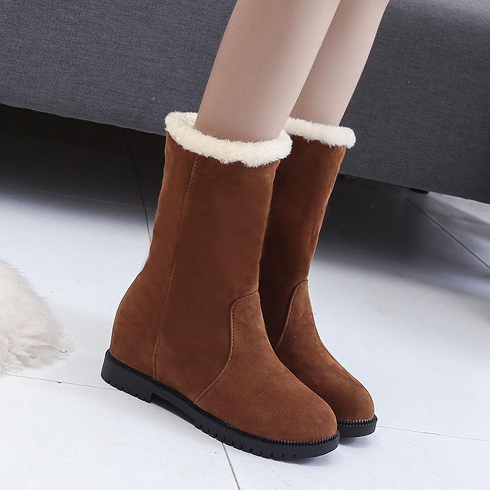 Qeaghou Women's Winter Snow Boots - Warm Suede Faux Fur Lined Mid Calf Boots with Comfortable Platform, Waterproof Outdoor Shoes for Snowy Days & Cold Weather