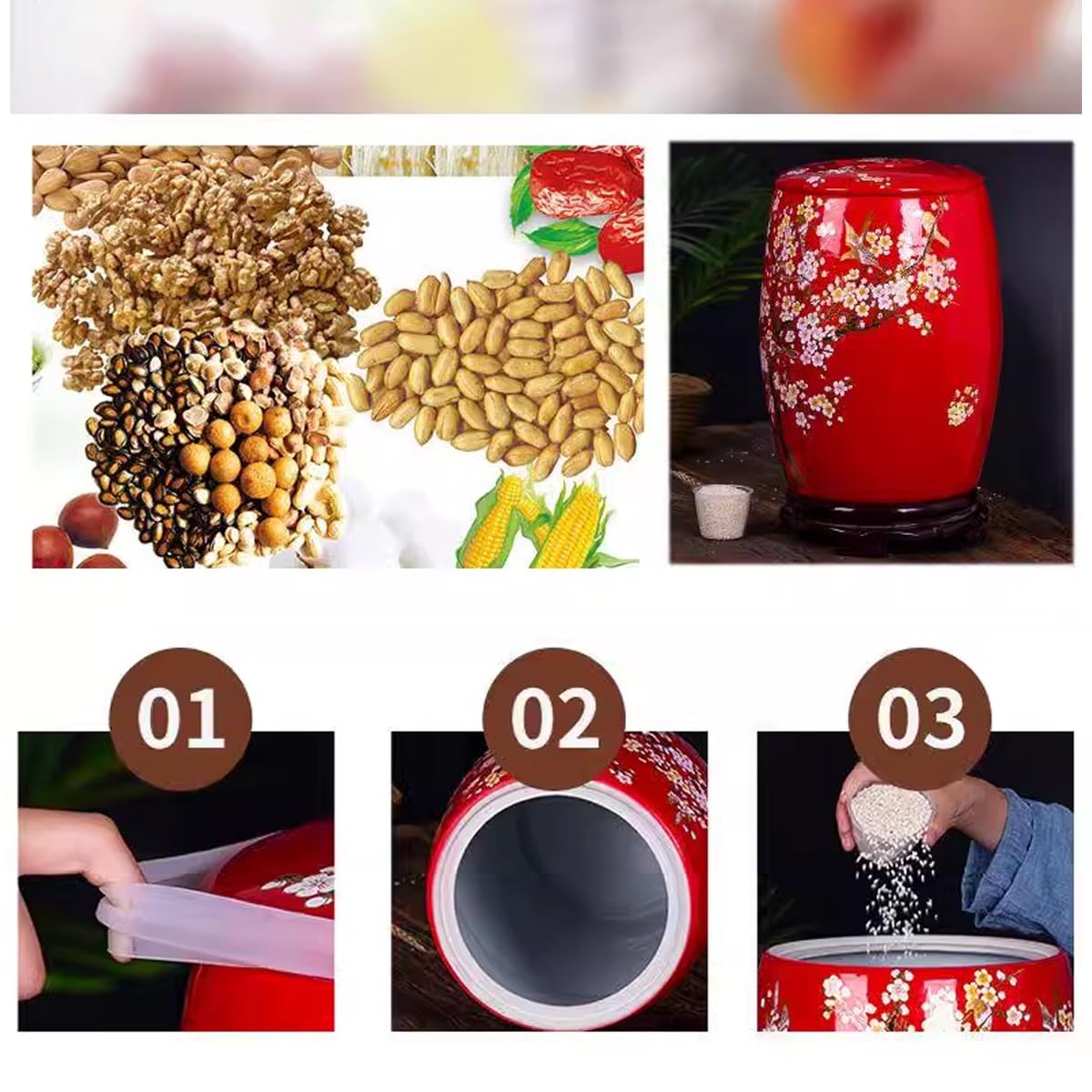 Airtight Ceramic Rice Storage Container 5KG/10KG/15KG/25KG - Large Food Dispenser with Lid for Rice, Noodles, Cereals & Snacks (Dark Red, 25KG) - Perfect for Kitchen Pantry Organization & Bulk Food Storage