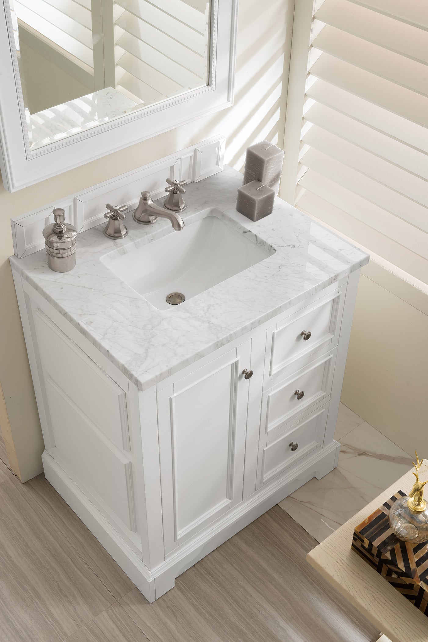 De Soto 30 Inch Single Bathroom Vanity with Bright White Finish & 3CM Carrara Marble Top – Perfect for Modern Bathroom Remodeling & Small Space Design