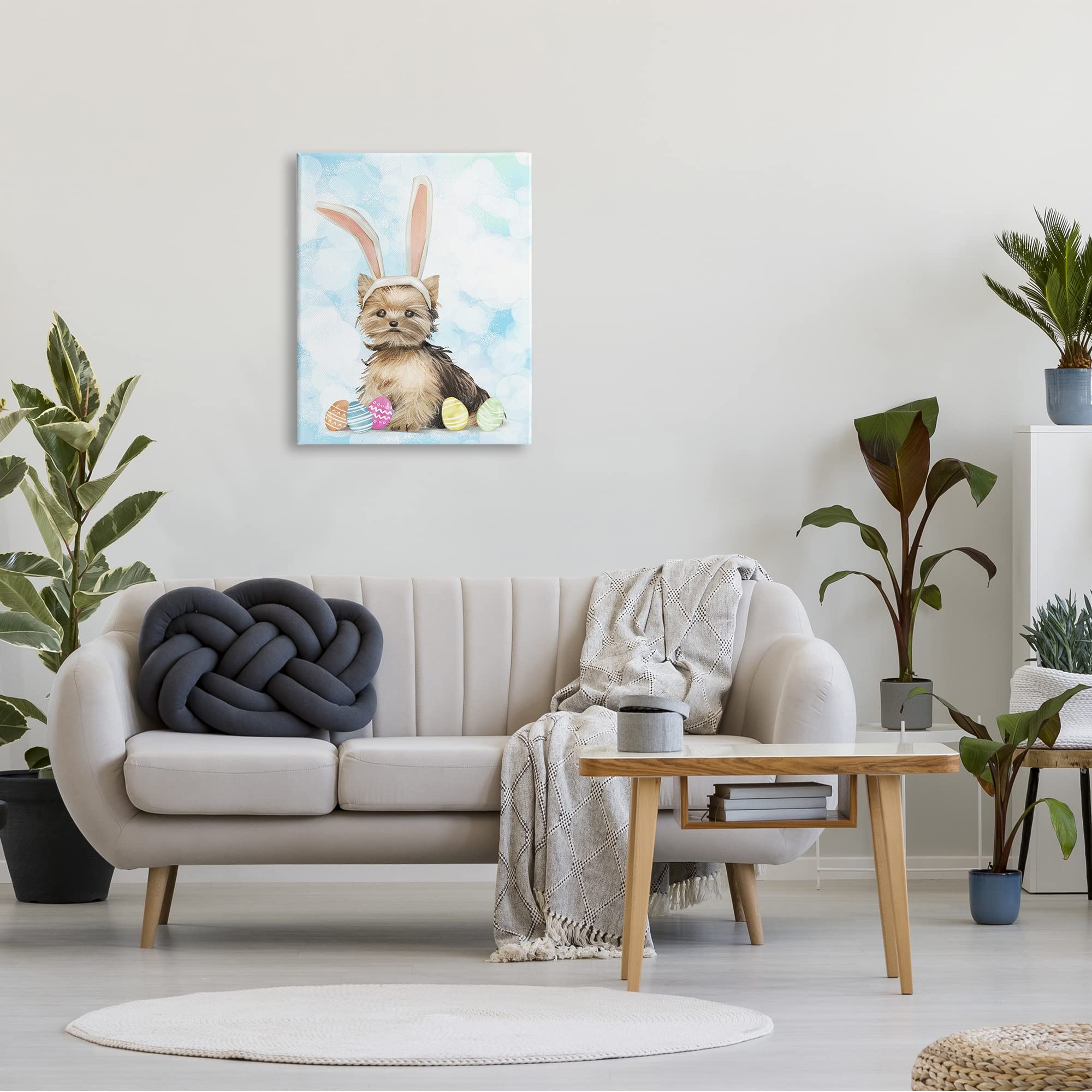 Stupell Industries Easter Yorkie Puppy with Bunny Ears & Patterned Eggs Canvas Wall Art - 24x30 Inch Blue Home Decor for Living Room, Bedroom, Nursery