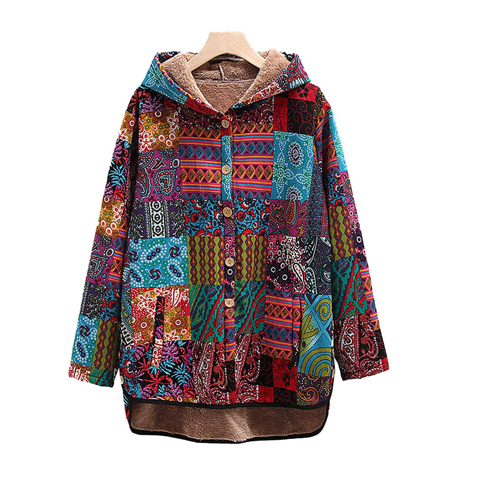 Women's Vintage Print Fuzzy Fleece Lined Hooded Jacket - Long Sleeve Thick Warm Winter Coat for Outdoor Activities, Hiking & Casual Wear
