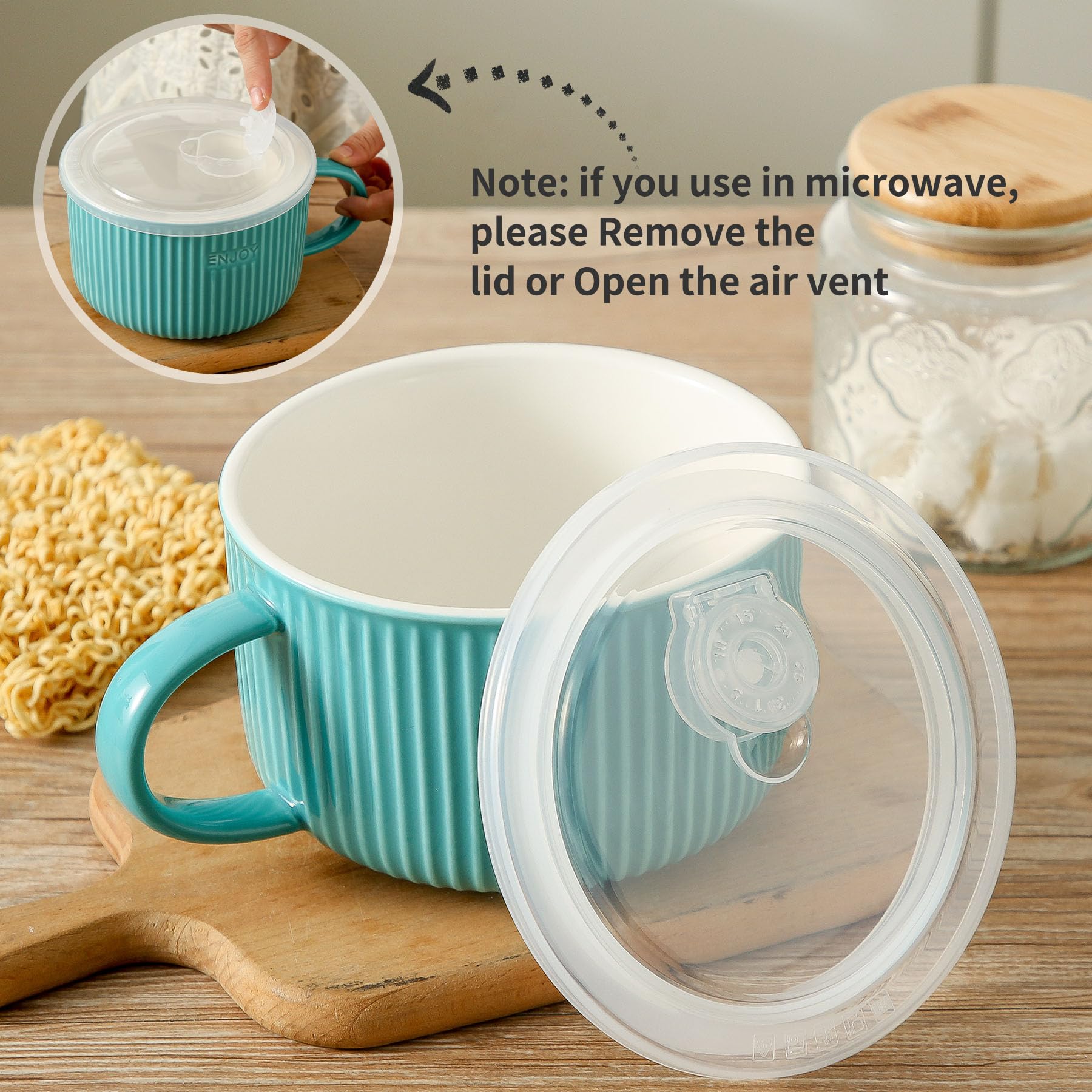 Ceramic Soup Bowl with Lid - Large Microwave Safe Soup Mug with Handle & Airtight Cover - Perfect for Cereal, Salad, Ramen, Instant Noodles - Ideal for Home, Office & Dorm Use (Turquoise)