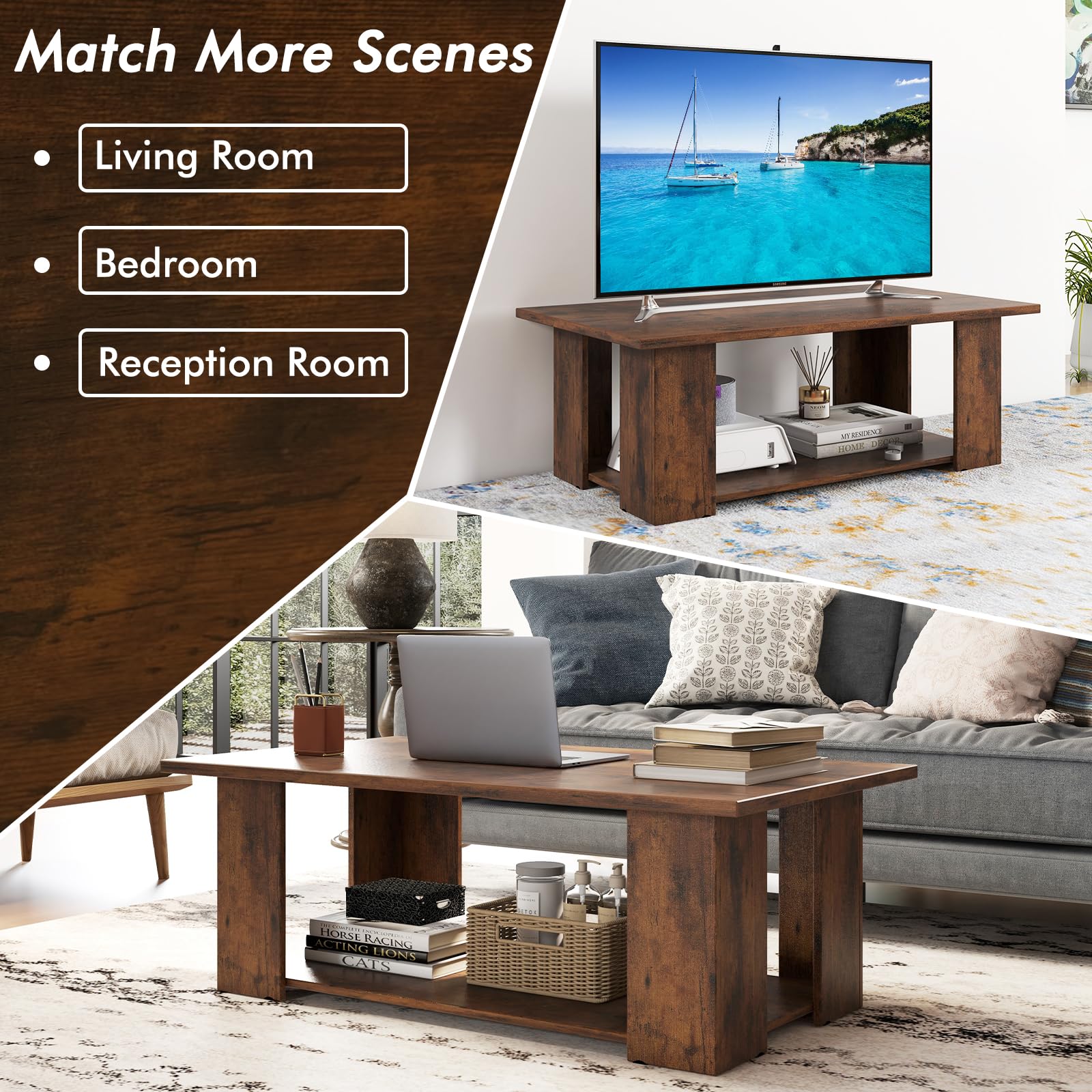 Tangkula 2-Tier Modern Coffee Table - Rustic Brown Rectangular Cocktail Table with 5 Sturdy Legs, Wooden Living Room Furniture for Small Spaces, Easy Assembly - Perfect for Apartments, Dorms & Cozy Home Decor
