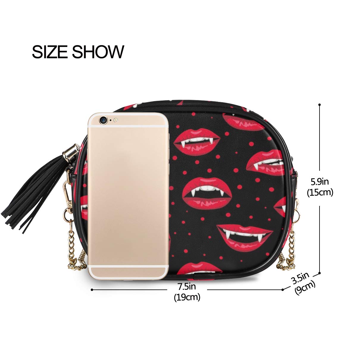 ALAZA Women's Seamless Halloween Crossbody Bag with Vampire Lips Print - Red Chain Shoulder Purse with Tassel | Perfect for Halloween Parties, Cosplay & Gothic Fashion Accessories