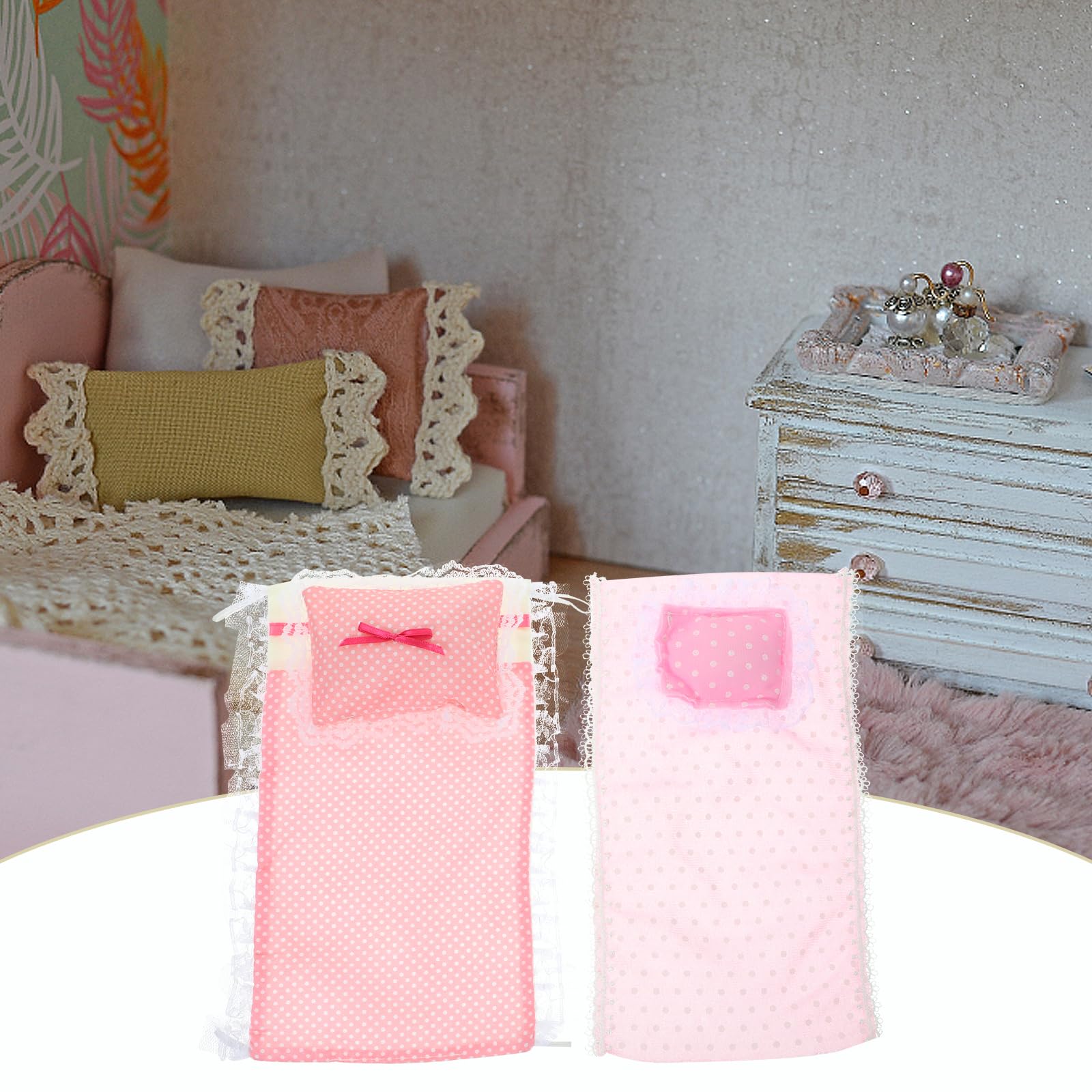Miniature Doll Pillow and Bedding Set - 2 Pack Cotton Quilt with Small Pillows for Dollhouse | Perfect for Barbie Doll Beds, American Girl Doll Accessories & DIY Dollhouse Decor