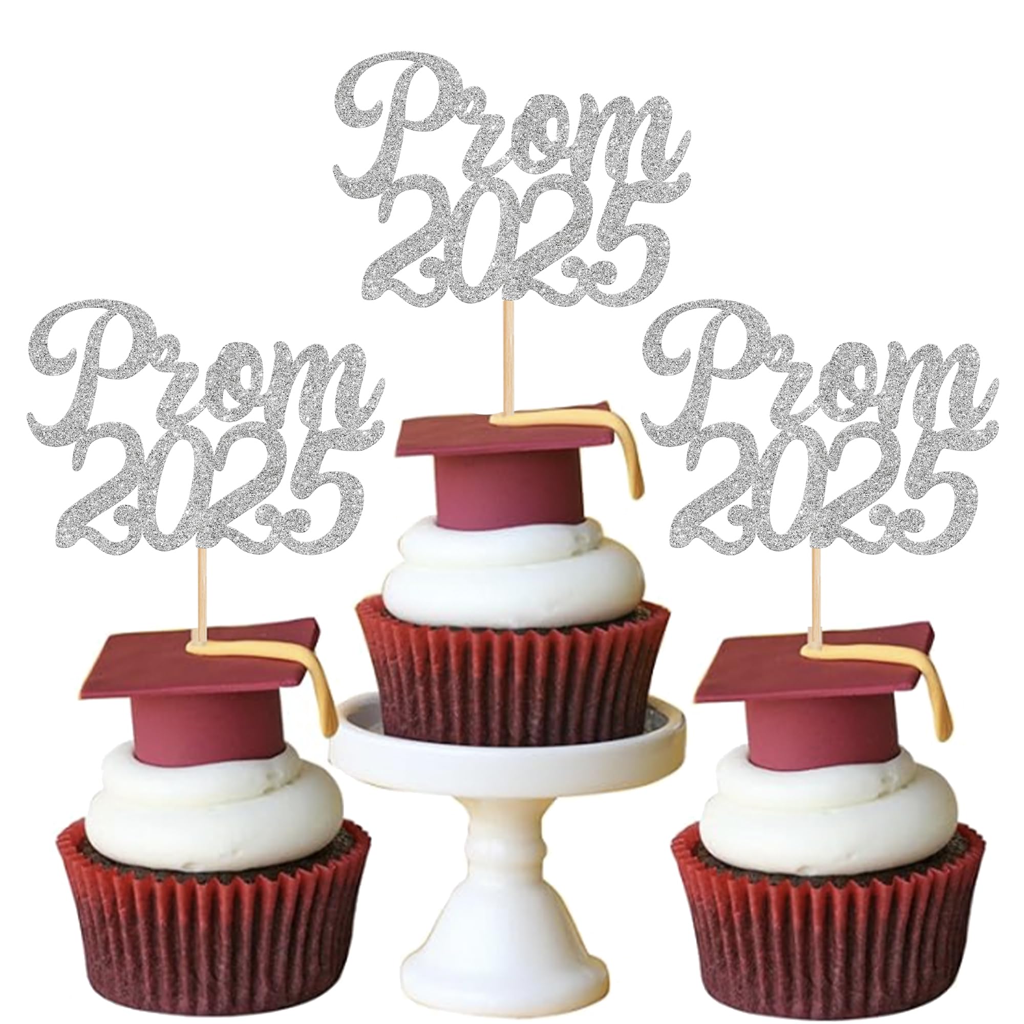 24 Pack Silver Glitter Prom 2025 Cupcake Toppers - Graduation Cake Decorations for Class of 2025, College Graduation & Prom Party Supplies - Perfect for Dessert Tables, Graduation Celebrations and Prom Night Decor