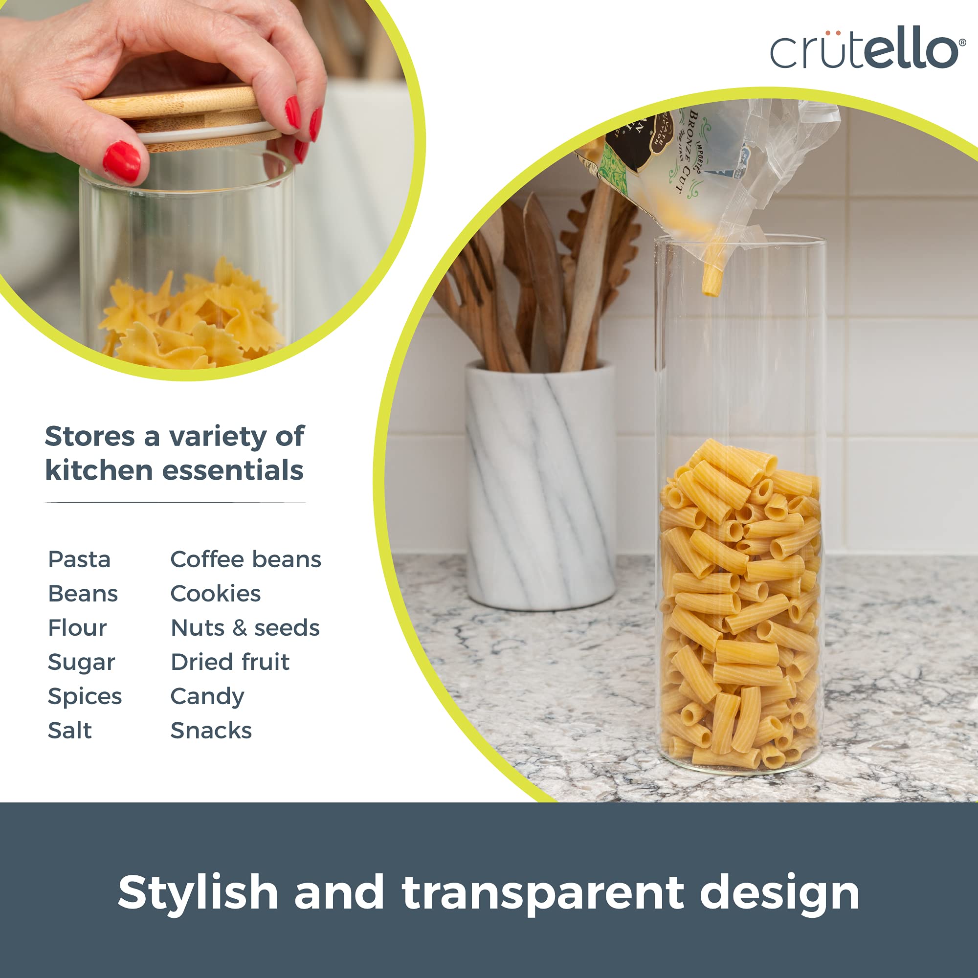 Crutello Glass Food Storage Containers with Bamboo Lids - 3 Pack (72oz) Airtight Clear Kitchen Canisters for Flour, Sugar, Coffee, Dry Goods - Perfect for Pantry Organization & Meal Prep | Family-Owned American Brand