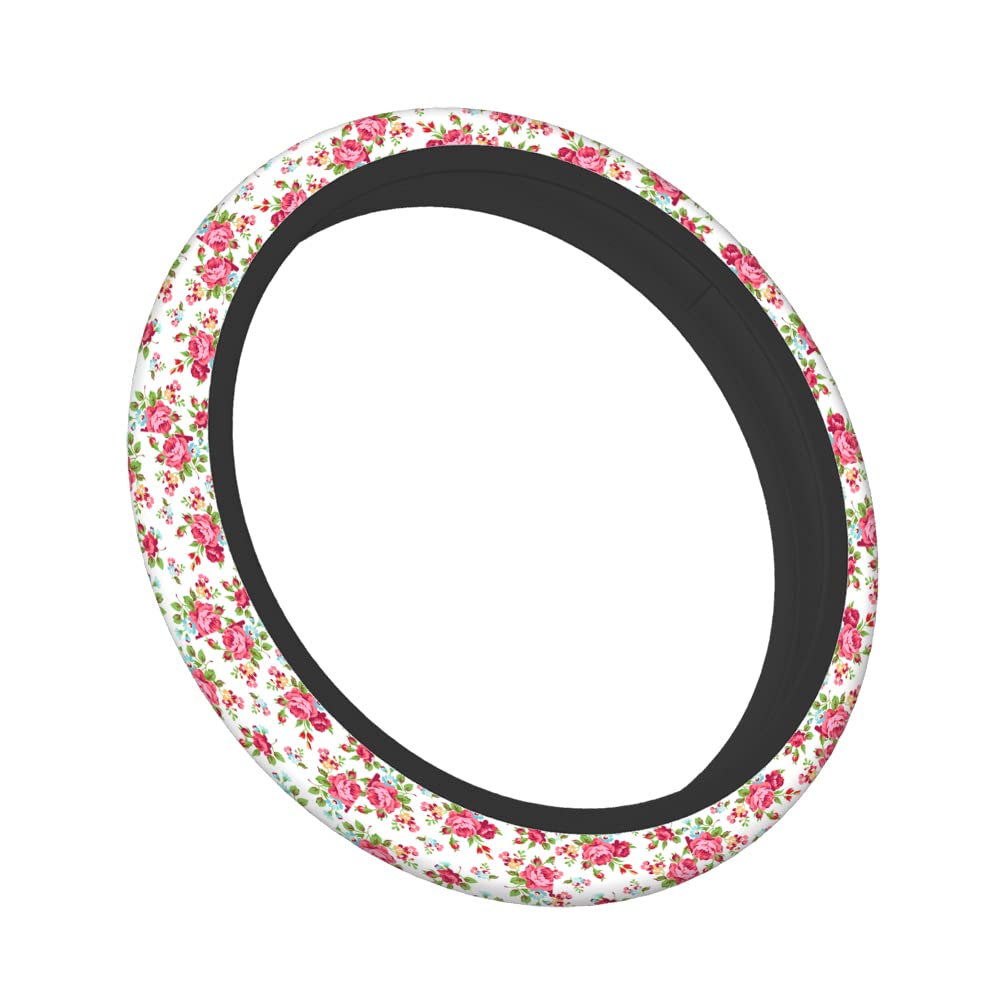 Swono 15 Inch Universal Pink Rose & Leaves Neoprene Steering Wheel Cover - Non-Slip Breathable Soft Grip with Floral Pattern for Men & Women - Perfect for Cars, Trucks & SUVs