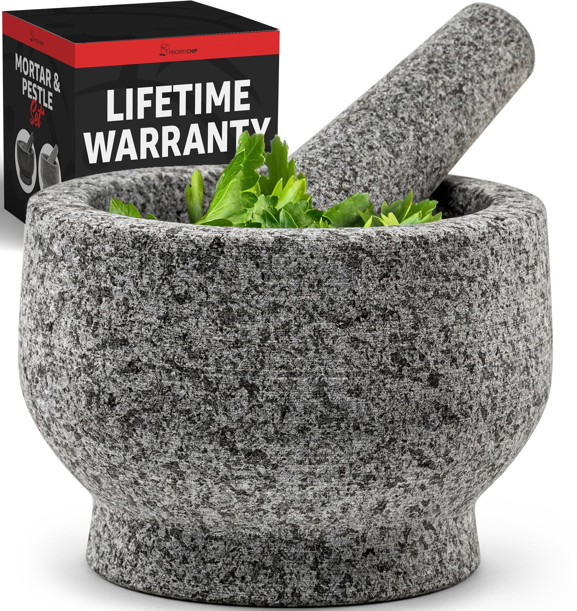 PriorityChef Granite Mortar and Pestle Set - Heavy Duty Natural Stone Spice & Herb Grinder for Guacamole, Pesto, and Seasonings - 1.5 Cup Unpolished Grey Kitchen Tool for Fresh Cooking at Home