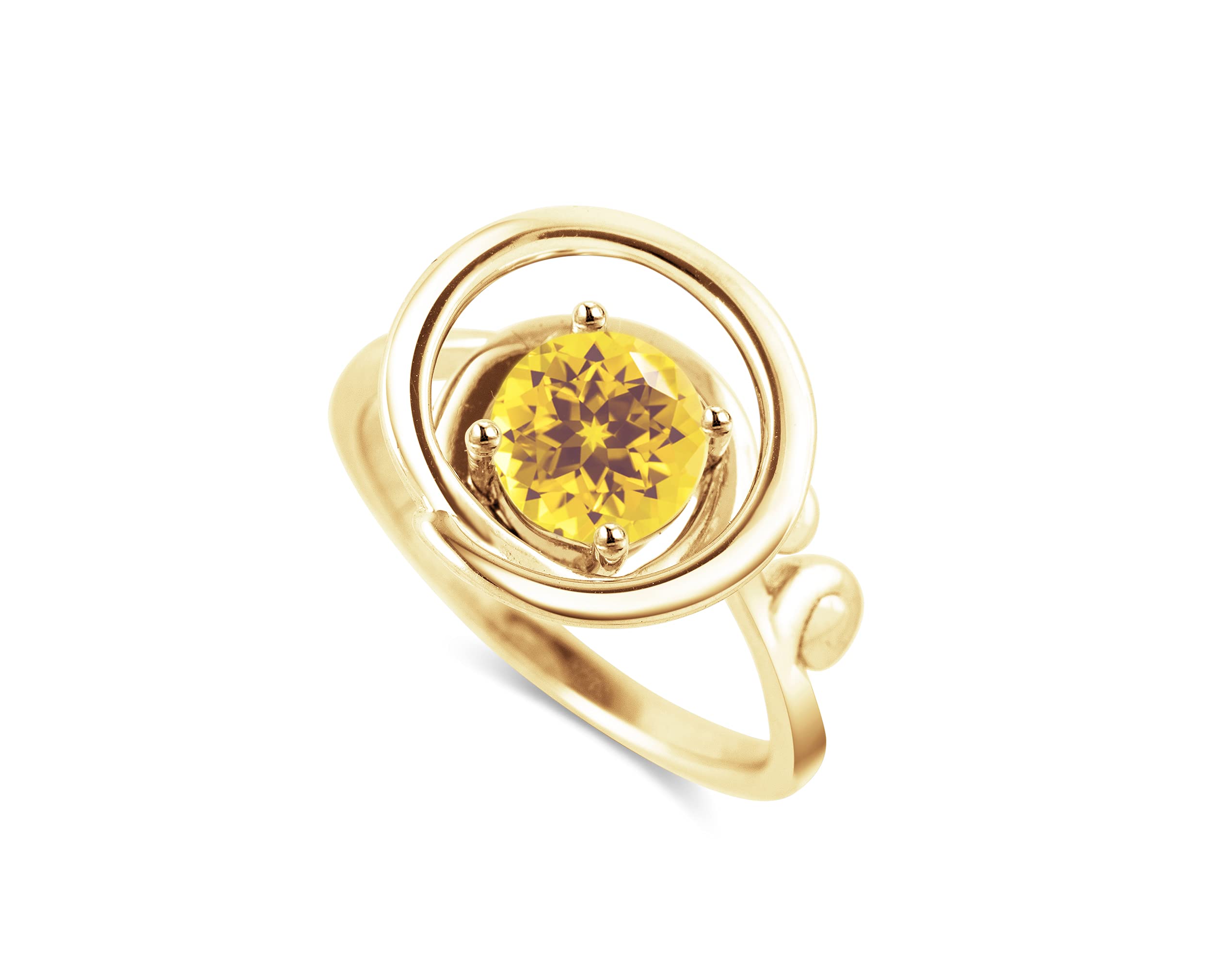 Citrine Ring for Women - Solitaire November Birthstone Ring in Yellow Gemstone, Gold or Sterling Silver - Elegant Wave Circle Ring for Gifts, Weddings & Everyday Wear
