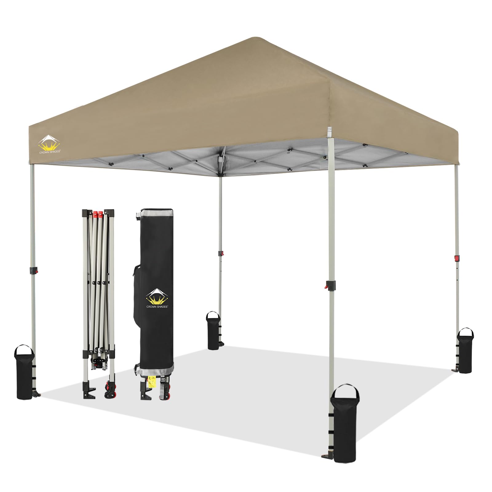 CROWN SHADES 8x8 Pop Up Canopy Tent - Instant One Push Setup Beach & Outdoor Sun Shade - Perfect for Camping, Backyard Parties, Picnics & Tailgating - Includes STO-N-Go Carry Bag & Silver Coated Top (Beige)