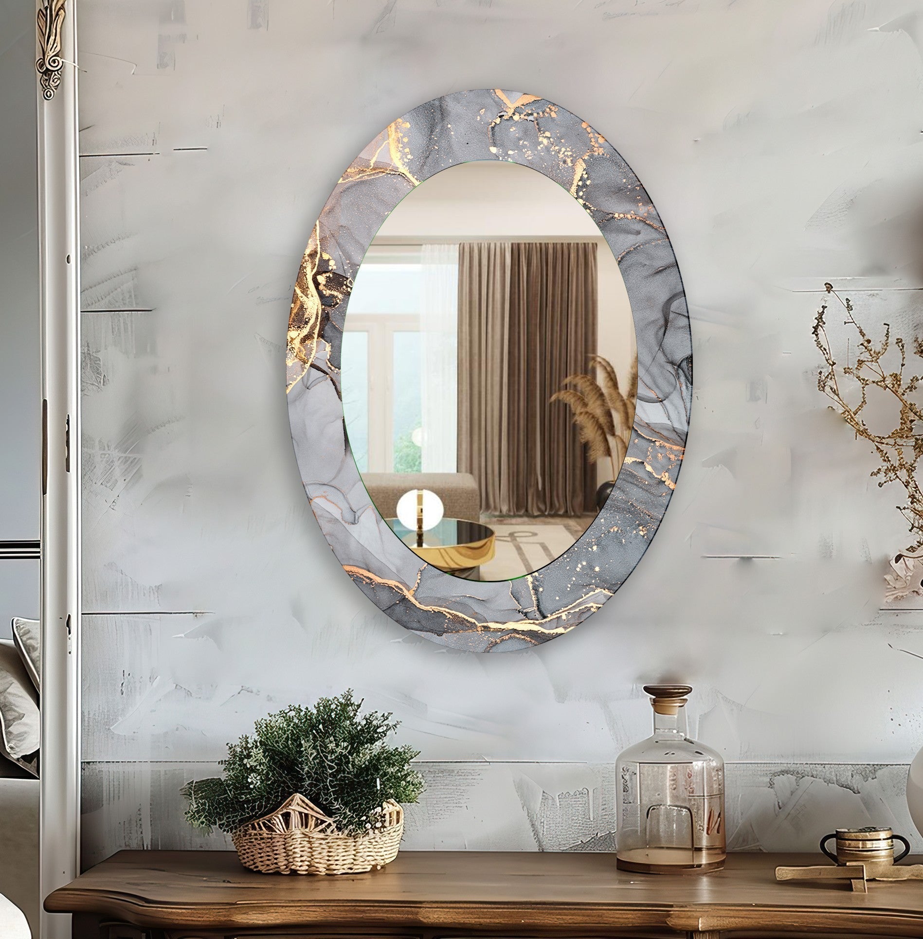 Modern Abstract Gray Oval Wall Mirror - Elegant Home Decor for Living Room, Bedroom & Entryway