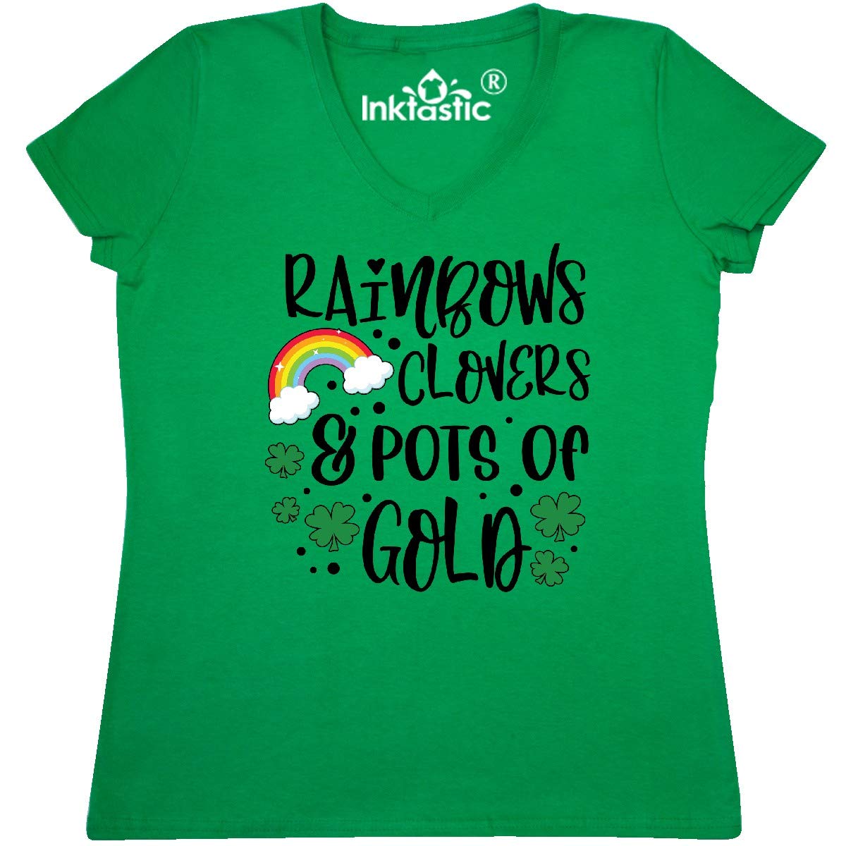 Inktastic St. Patrick's Day Women's V-Neck T-Shirt - Rainbow, Clover & Pot of Gold Design | Festive Irish Apparel for Parties, Parades & Holiday Celebrations