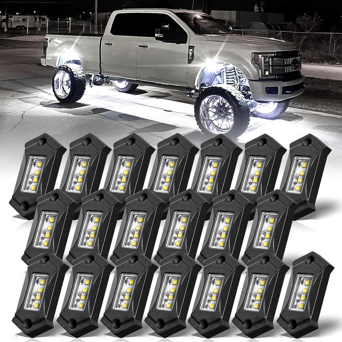 R3 White LED Rock Lights - 20PCS Super Bright Underbody Glow Kit for Trucks, Off-Road RZR, Boats, Cars, SUVs, ATVs & UTVs - Waterproof, Shockproof High Power Lighting for Trail, Rig & Night Driving Adventures
