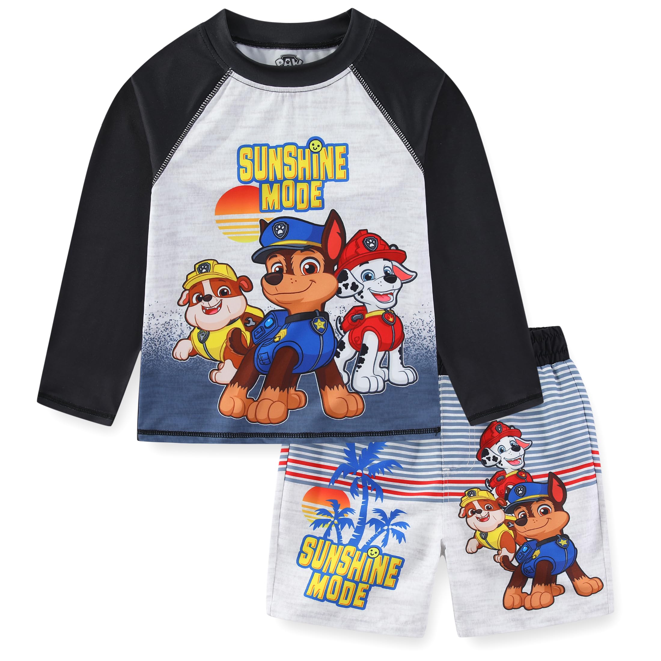 Paw Patrol Nickelodeon Chase Marshall Rubble Boys UPF 50+ Rash Guard & Swim Trunks Set - Toddler & Kids Sun Protection Swimwear for Beach, Pool & Water Play