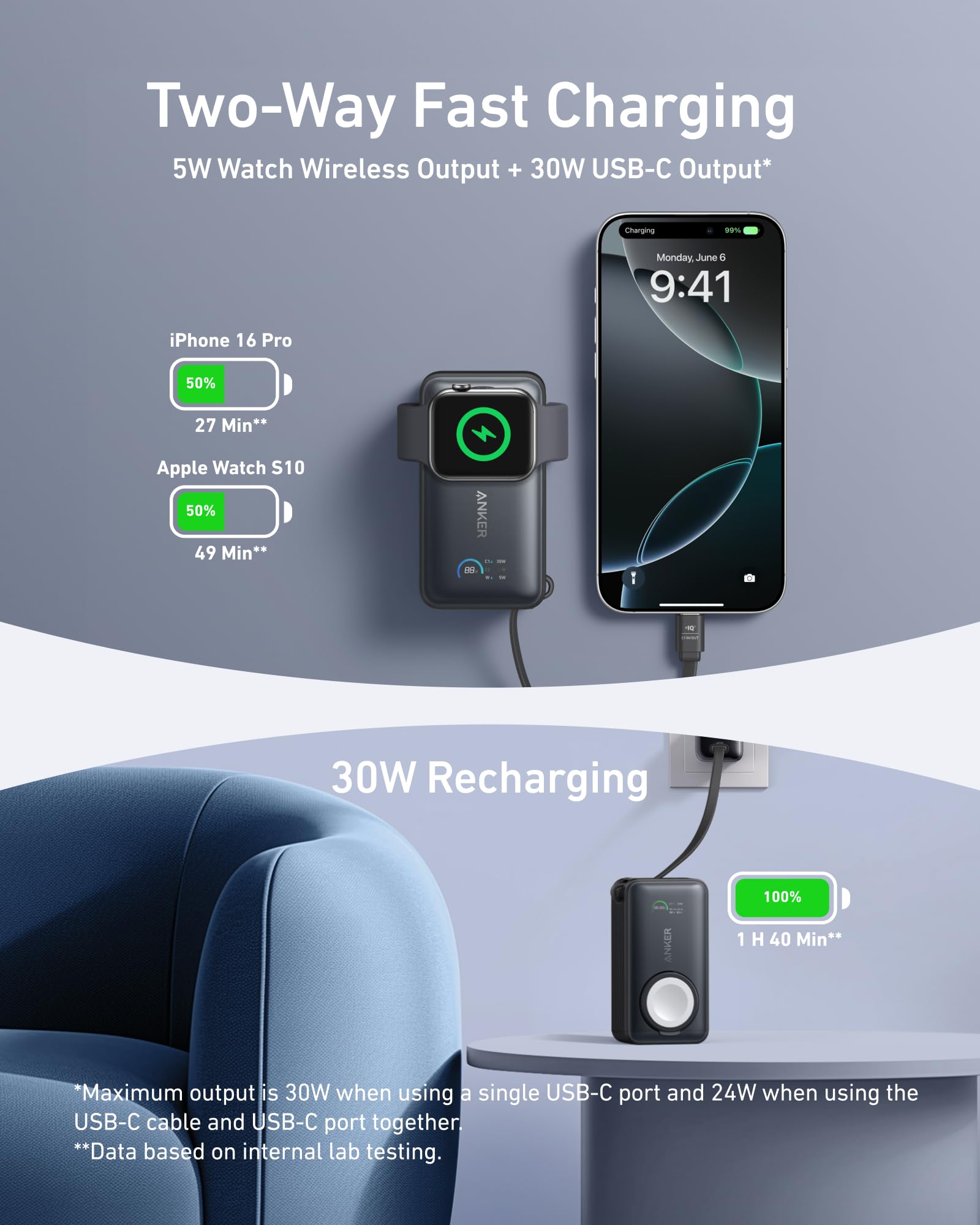 Anker MagGo Power Bank 10,000mAh Portable Charger for Apple Watch, iPhone 15 Series, Samsung, iPad & AirPods - MFi Certified Magnetic Wireless Charger with Built-in USB-C Cable (35W Max) - Perfect for Travel, Camping & Emergency Power Backup