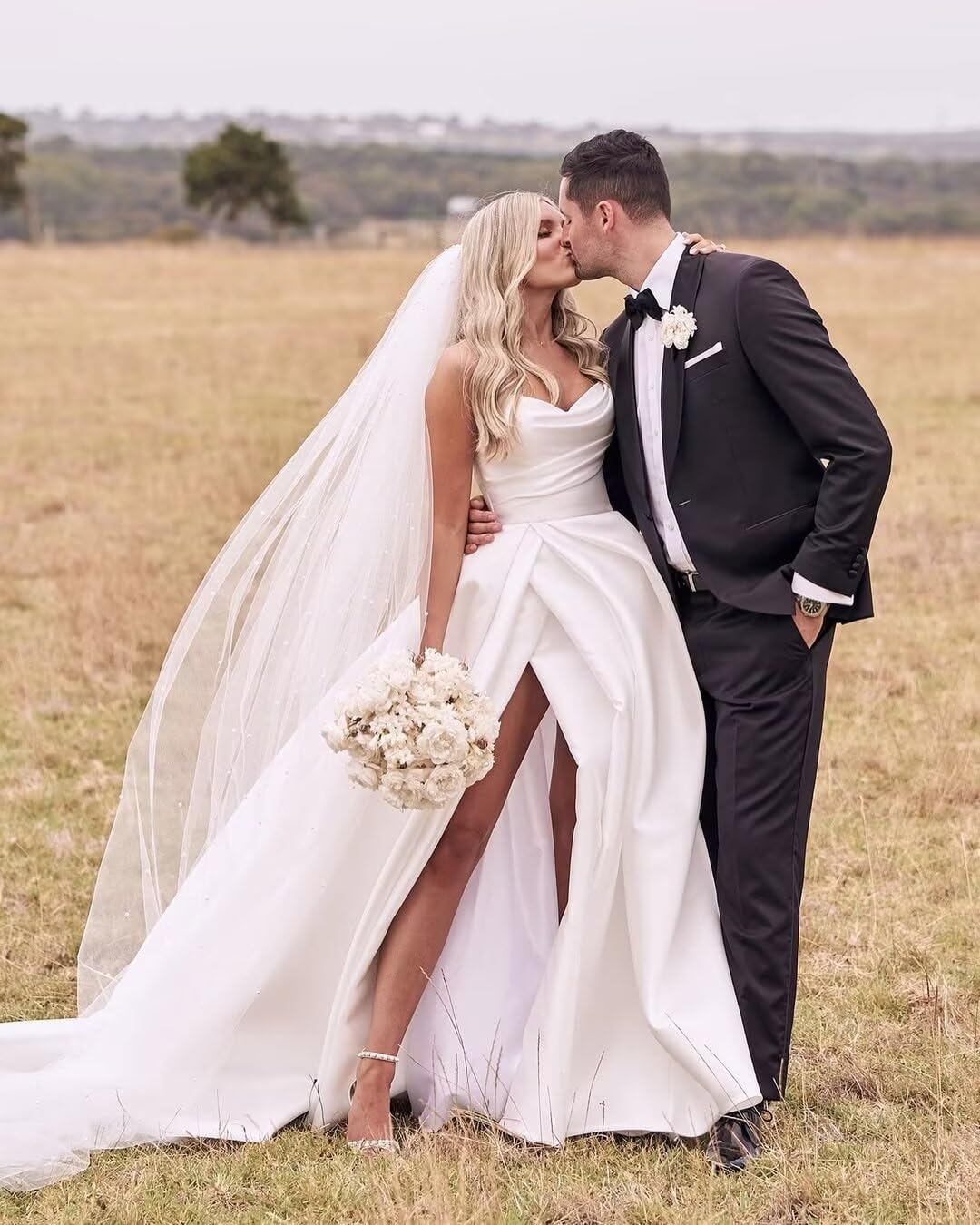 Elegant A-Line Satin Wedding Dress for Bride - Long V-Neck Pleated Gown with Side Slit | Perfect for Church Ceremony, Beach Wedding & Reception Party