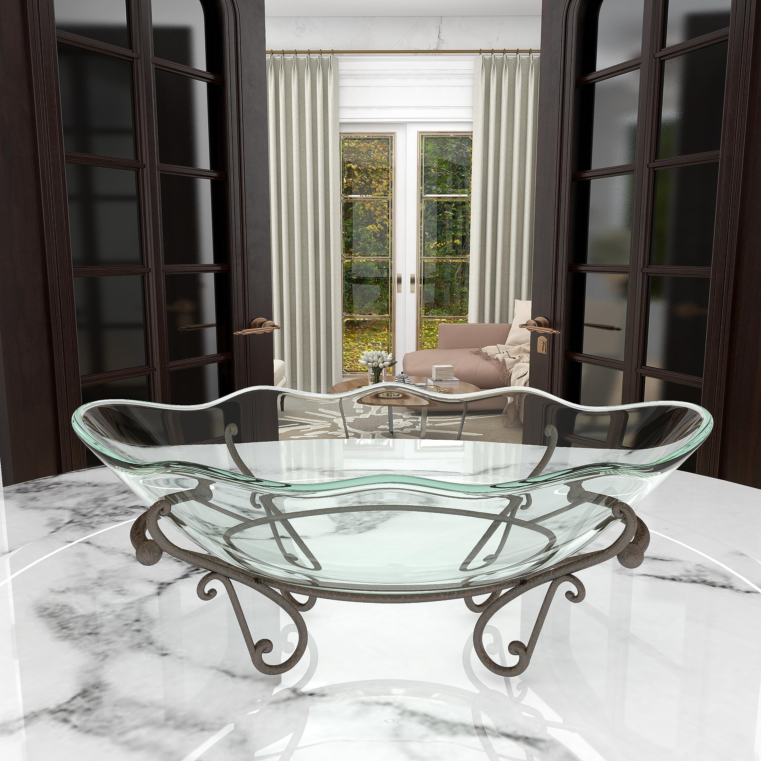Deco 79 23-Inch Clear Tempered Glass Serving Bowl with Elegant Brown Metal Scroll Base - Perfect for Kitchen, Dining Room, and Party Serving (14