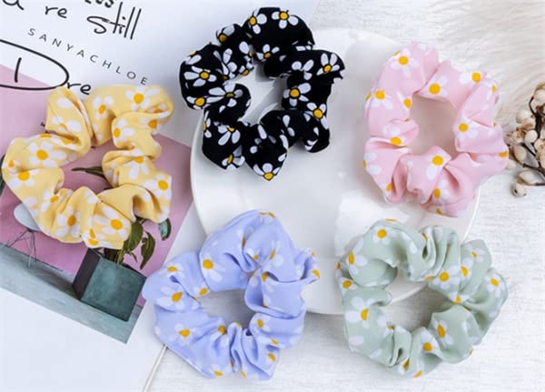 Daisy Scrunchies Hair Ties for Women & Girls - 5 Pack Satin Hair Bands with Daisy Flowers for Thick Hair - Soft Elastic Hair Accessories for Ponytails, Buns & Everyday Styling