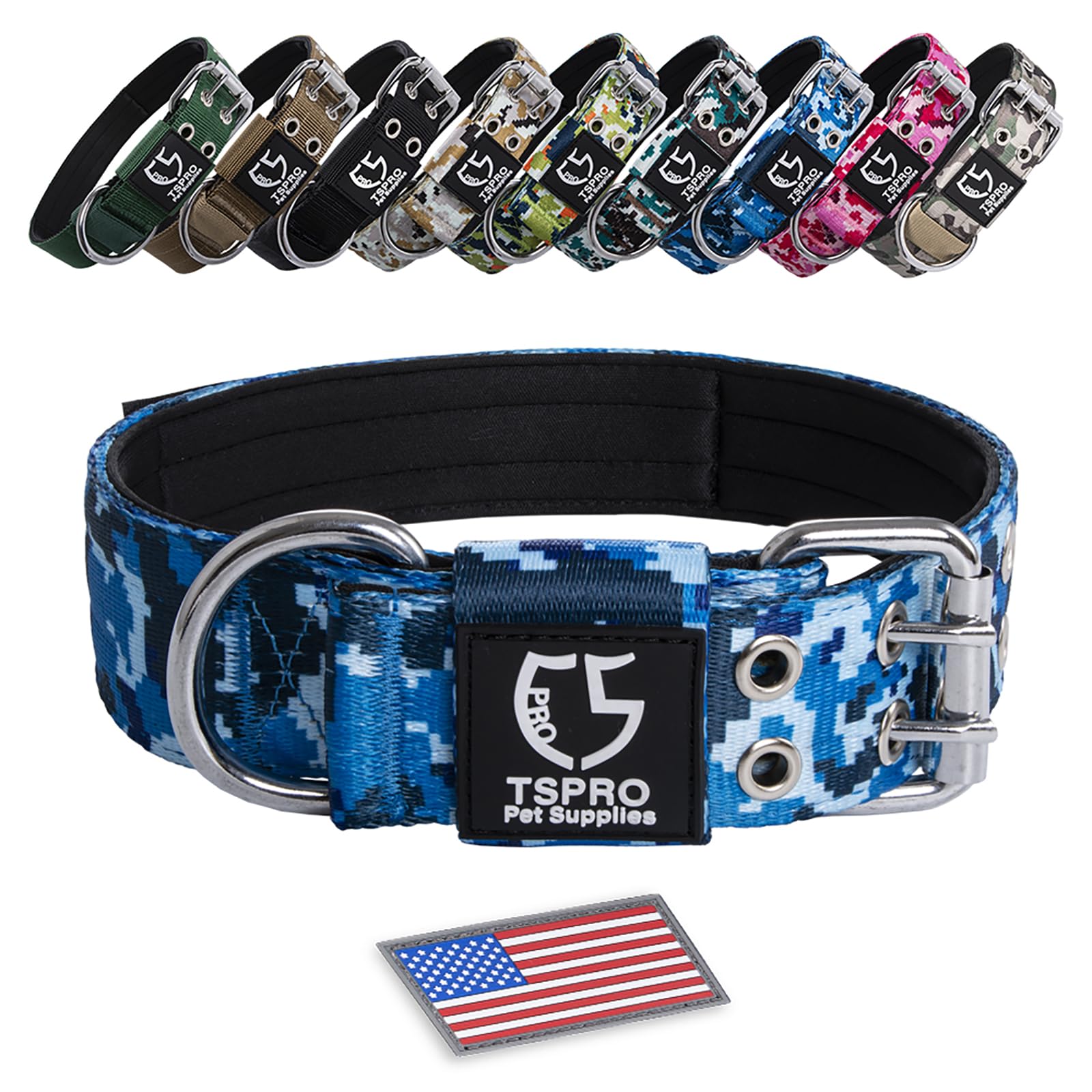 TSPRO Camouflage Tactical Dog Collar with Metal Buckle & USA Flag Patch - Heavy Duty Military K9 Collar for Large to XL Dogs - Perfect for Outdoor Adventures, Hunting & Training (Camo Blue, Large)