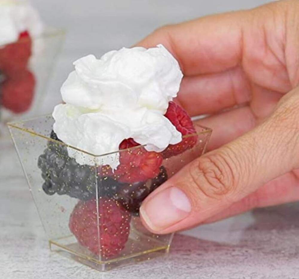 2 Ounce Hexagon Gold Glitter Disposable Plastic Dessert Cups - 50 Pack for Appetizers, Mousse, Cake, Pudding, Party & Restaurant Use - Perfect for Elegant Dessert Serving & Entertaining