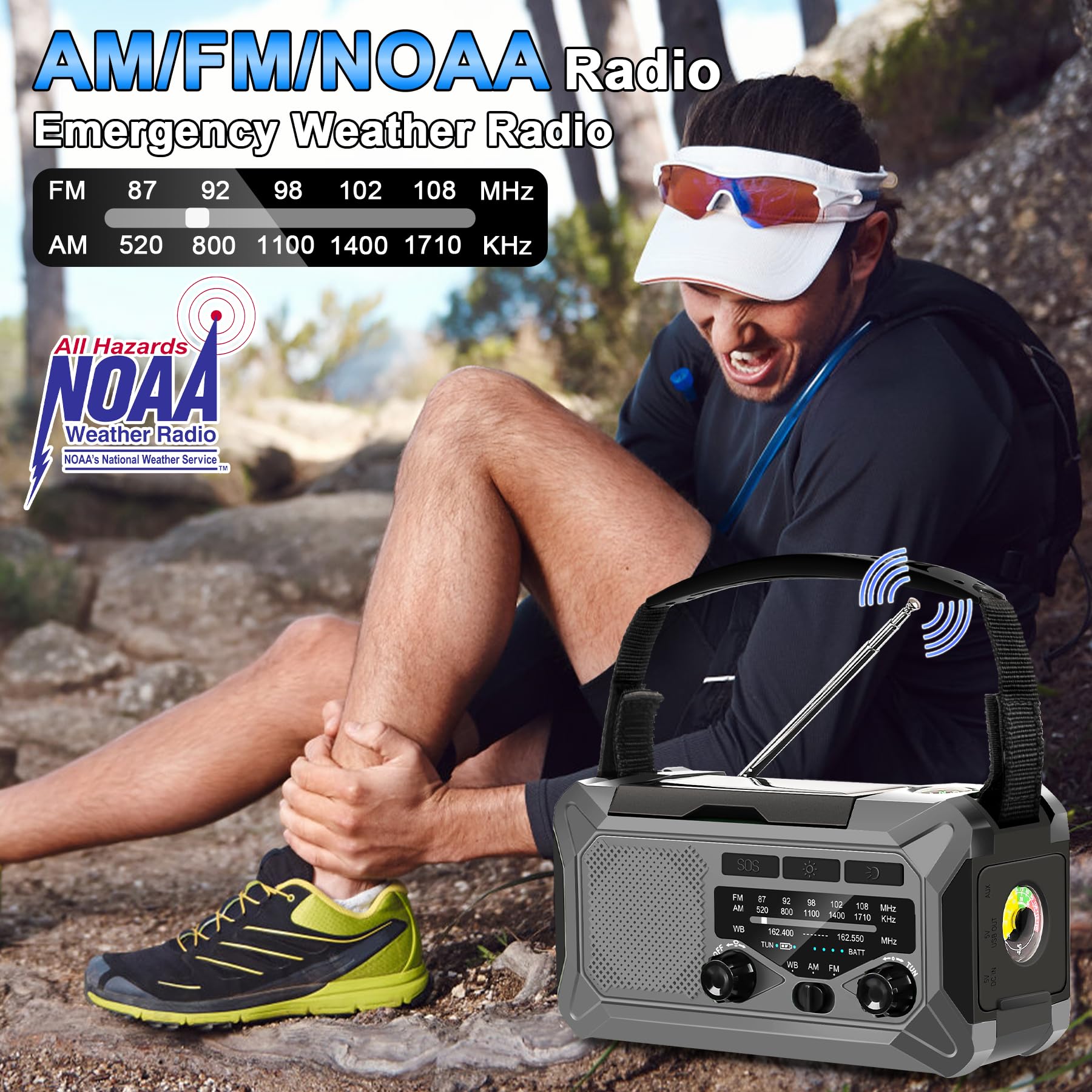10000mAh Solar Emergency Weather Radio - Portable AM/FM/NOAA Radio with Hand Crank, LED Flashlight, Reading Lamp, Compass & Phone Charger - Perfect for Outdoor Camping, Hiking & Emergency Preparedness (Grey)
