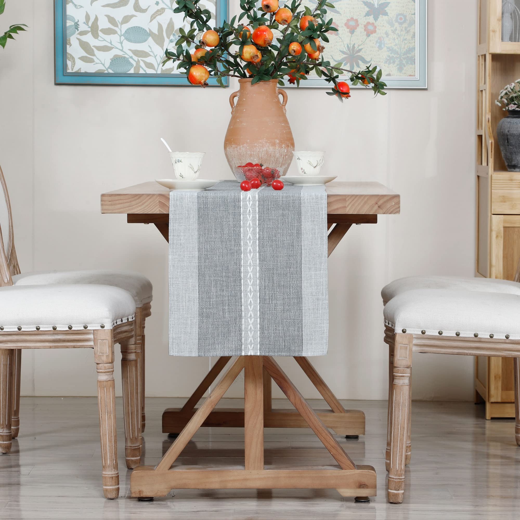 Farmhouse Braided Striped Table Runner - Rustic Embroidery Coffee Table Decor for Weddings, Holidays & Home (Grey, 13x60 Inch) - Perfect for Dining Tables, Centerpieces & Seasonal Decorations