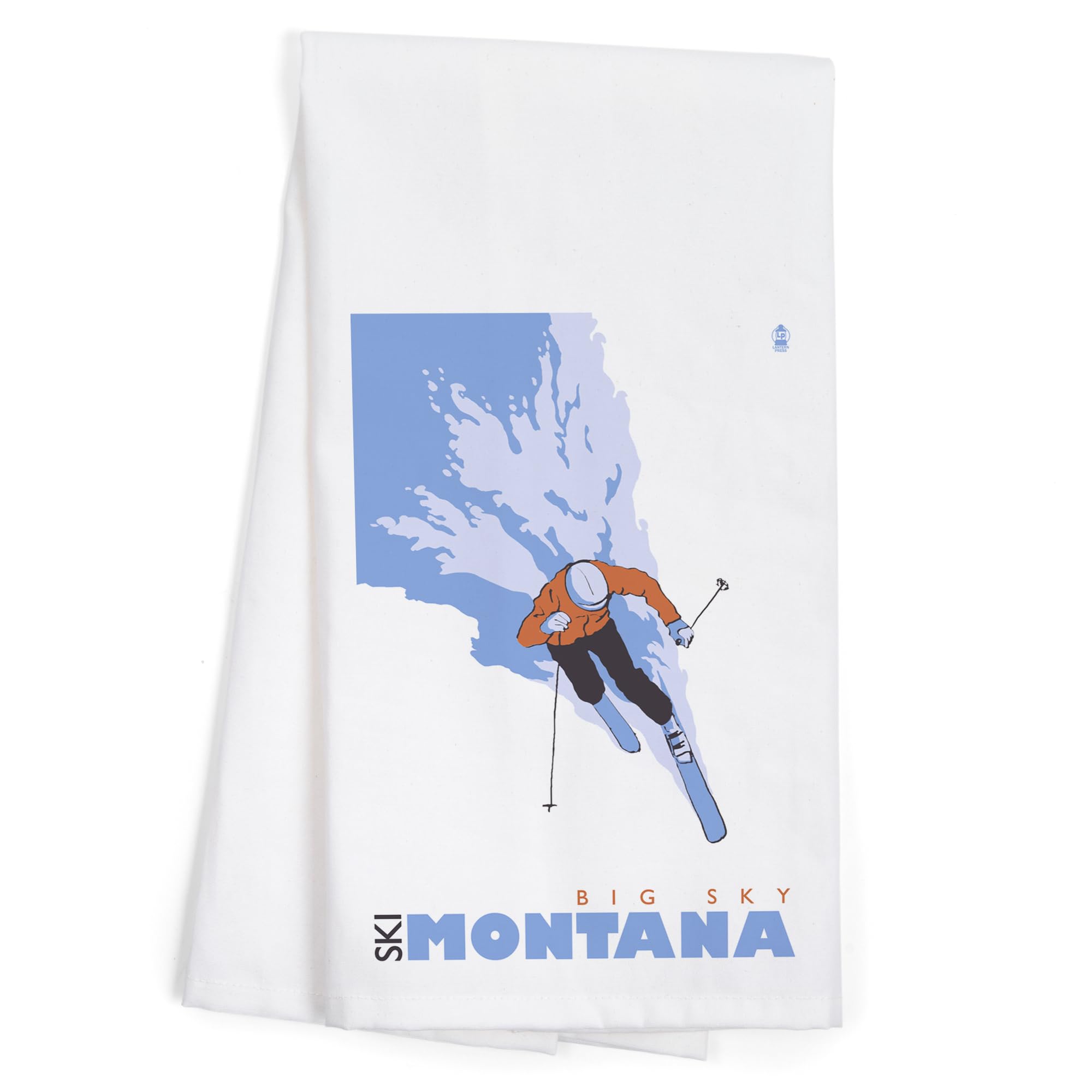 Lantern Press Skier Stylized Big Sky Montana Cotton Tea Towel - 100% Cotton Decorative Hand Towel for Kitchen & Home Decor - Perfect for Dish Drying, Gift Giving & Cabin Decor