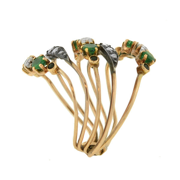Antique Late Victorian 14K Gold Emerald & Diamond Curved Harem Ring - Vintage Jewelry for Women, Bridal Gift, Special Occasion Wear