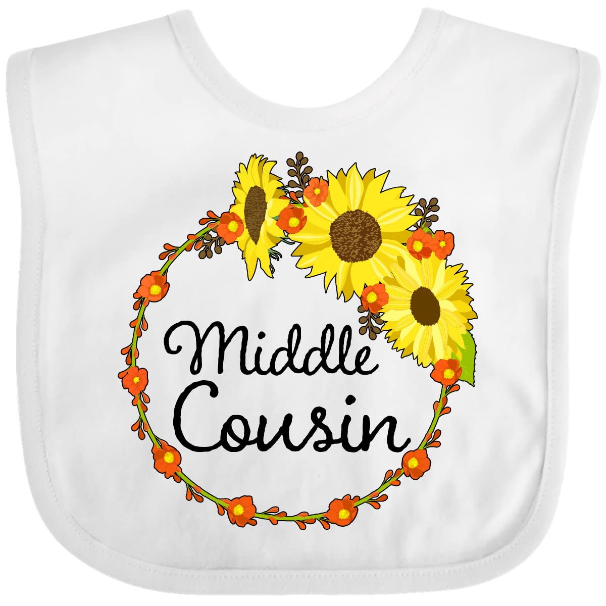 Inktastic Middle Cousin Sunflower Wreath Baby Bib - Cute Floral Design for Infants & Toddlers - Perfect for Feeding, Mealtime & Photo Shoots