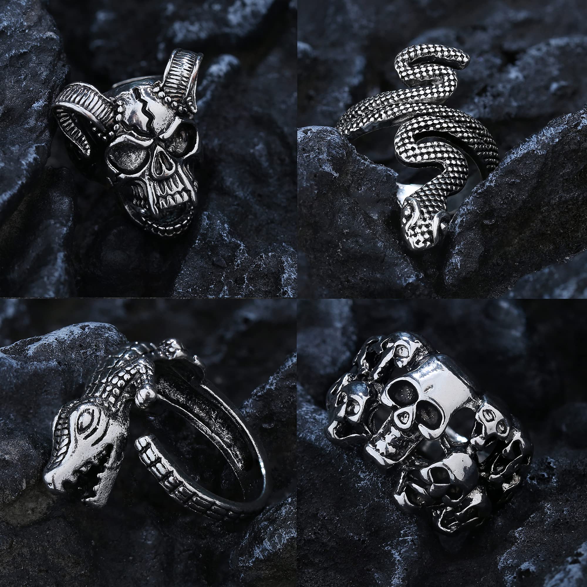 16Pcs Gothic Open Rings Set for Men & Women - Punk Adjustable Snake Dragon Claw Animal Rings - Vintage Goth Skull Rings - Perfect for Punk Fashion, Indie Aesthetic & Gothic Jewelry Collection