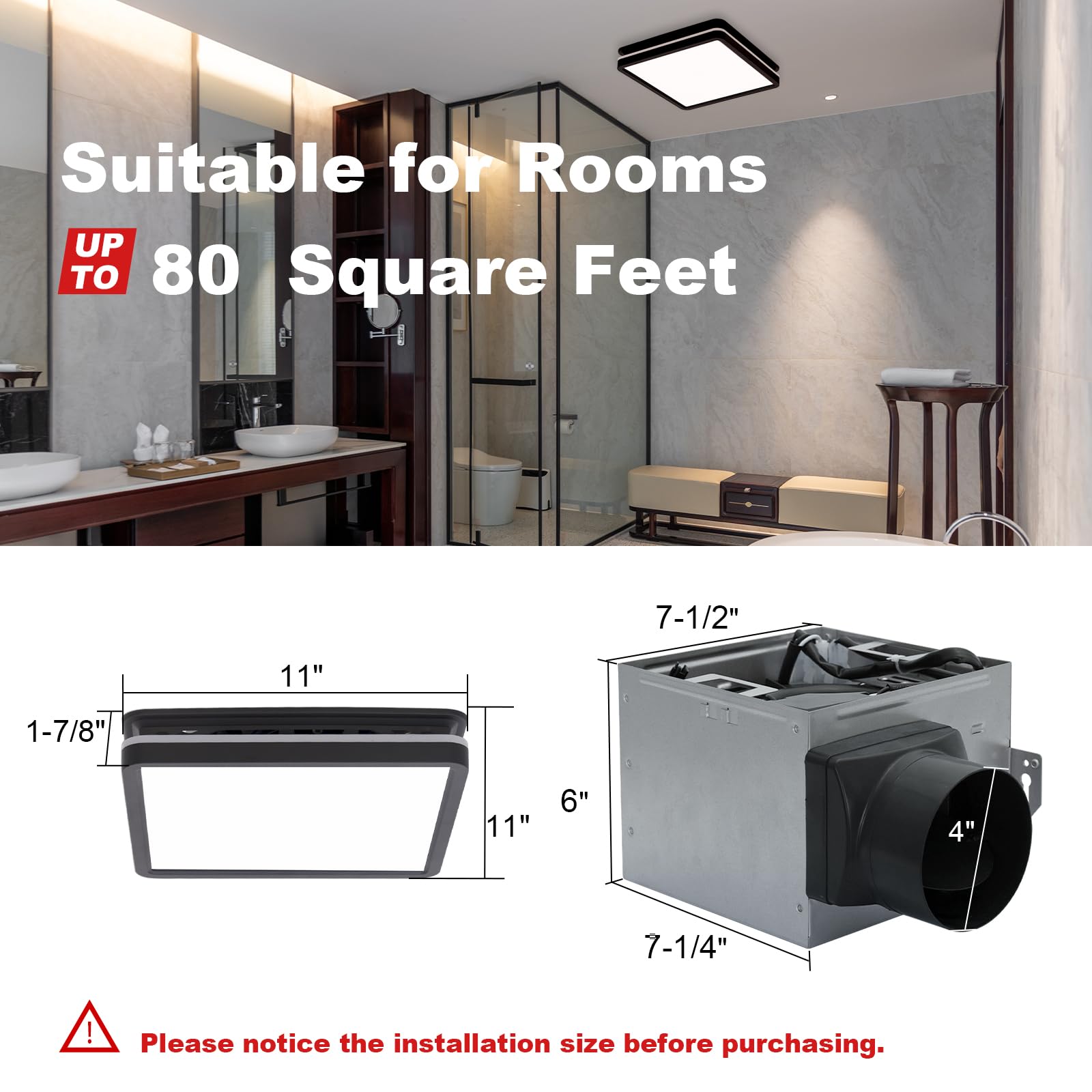 Akicon 80CFM Bathroom Exhaust Fan with Dimmable LED Light & Nightlight - Ultra Quiet 2.0 Sones Ventilation Fan for Bathroom Ceiling, 15W 3CCT Lighting - Perfect for Home, Shower Room, Toilet - Square Black Design (Ideal for Moisture Control & Air Circulation)
