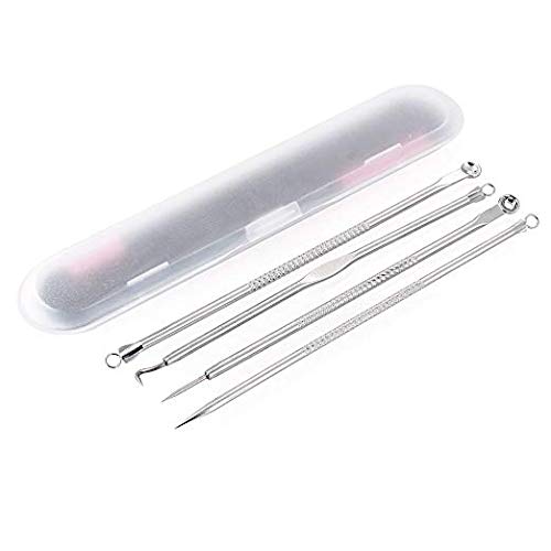 RKPM 4-Piece Stainless Steel Acne Extractor Kit - Blackhead & Blemish Removal Tools with Portable Case for Easy Travel | Professional Skin Care for Face & Body (Silver)