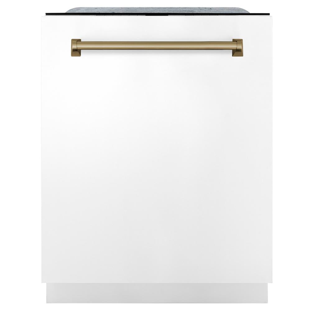 ZLINE Autograph Edition 48-inch Stainless Steel Dual Fuel Range with White Matte Door, Range Hood & Dishwasher - Champagne Bronze Accents (3AKP RAWMRHDWM48 CB) | Premium Kitchen Package for Modern Homes & Professional Chefs