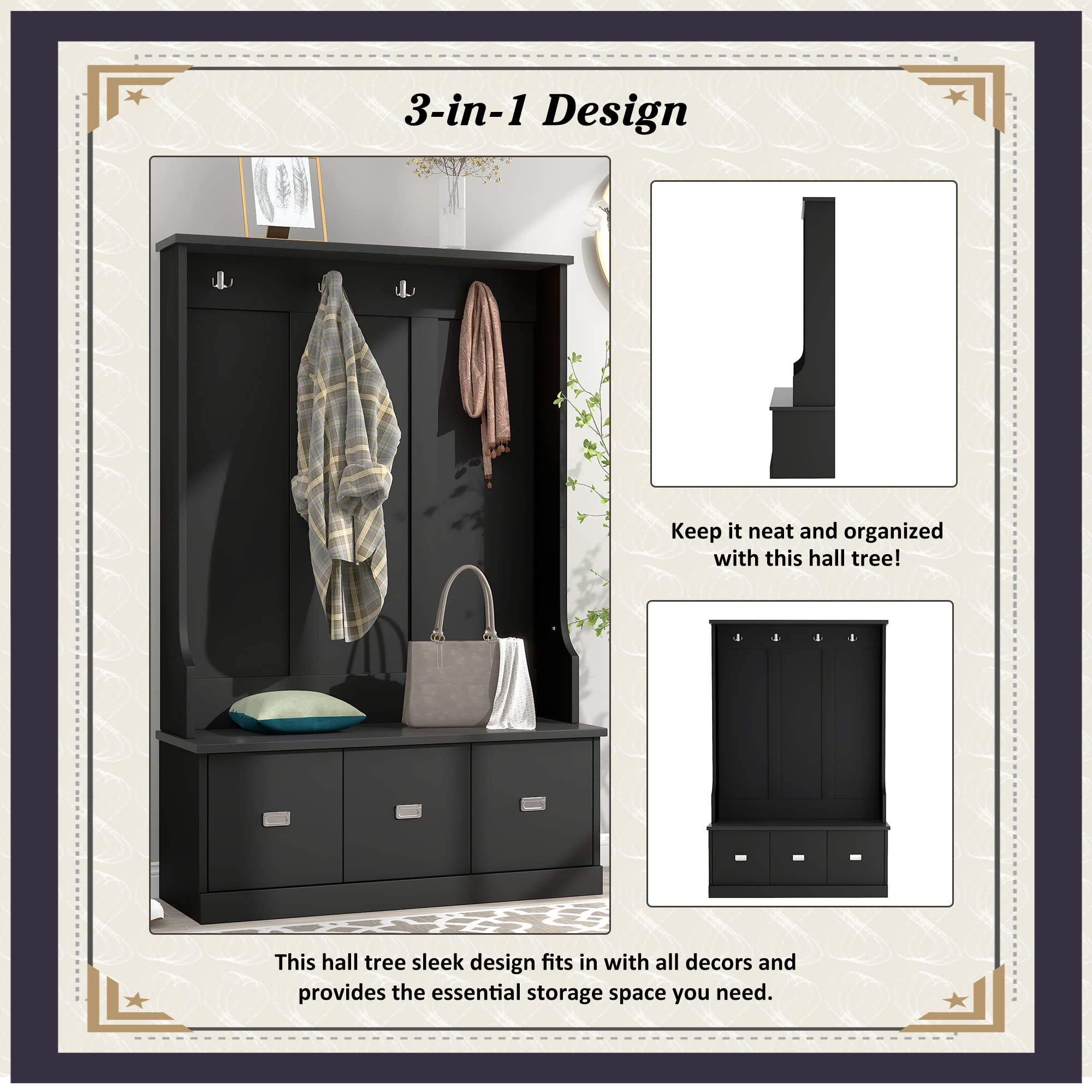 Yoluckea 3-in-1 Hall Tree with 4 Hooks & 3 Large Drawers - Entryway Storage Bench, Coat Rack & Shoe Bench for Hallway, Foyer or Mudroom Organization (Black) - Perfect for Small Spaces & Home Entry Storage Solutions