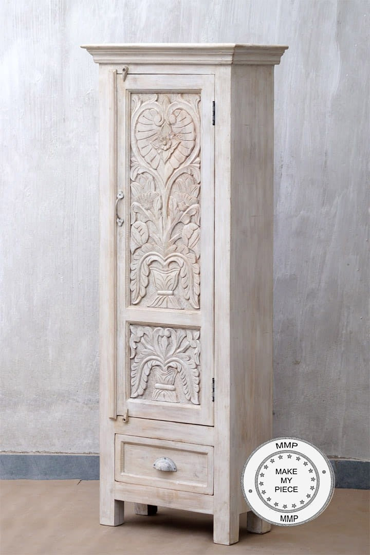Hand Carved Indian Wooden Floral Wardrobe Cabinet - Small White Storage for Bedroom, Closet & Home Decor | Perfect for Organizing Jewelry, Scarves & Accessories
